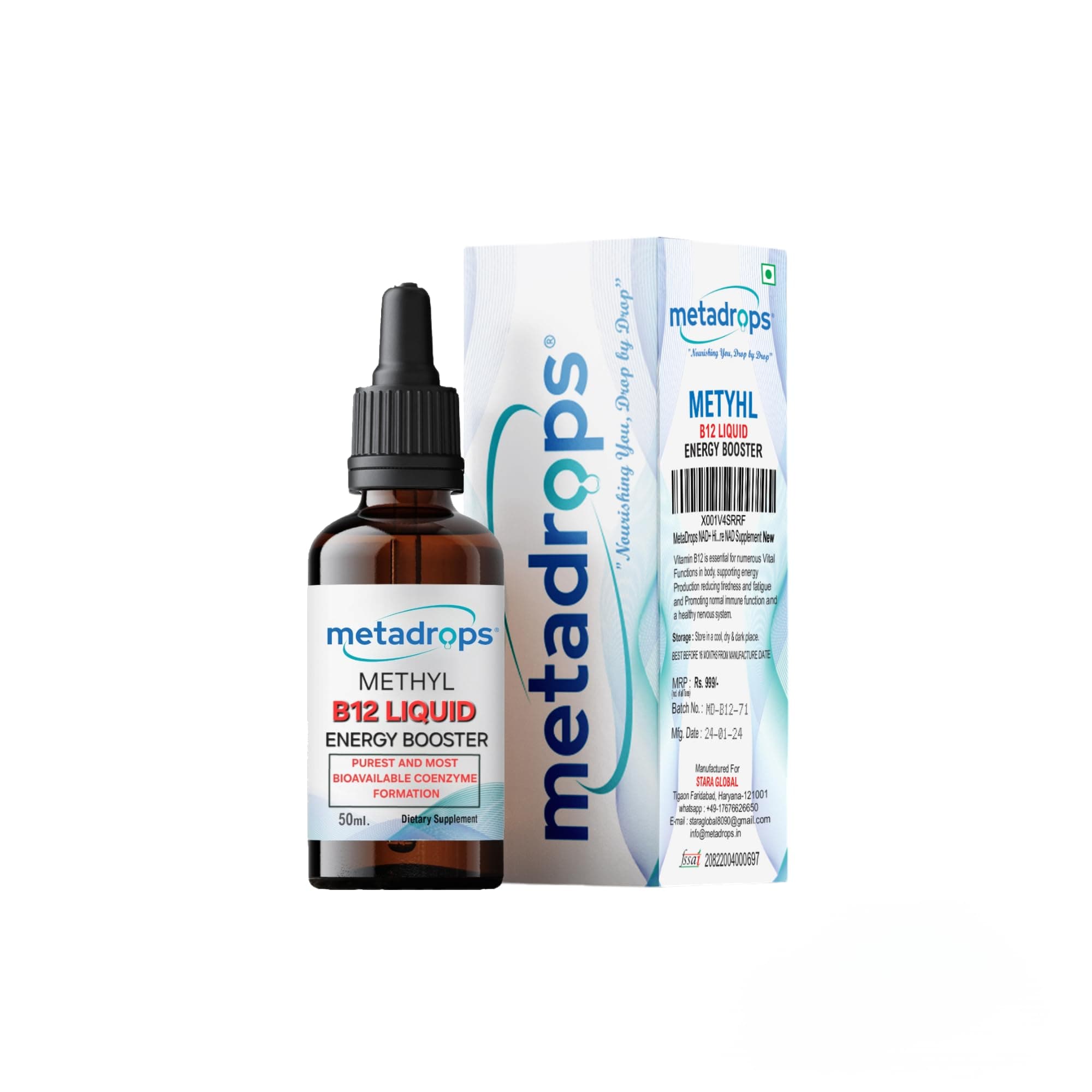MetaDrops Vitamin B12 Liquid Drops - High Potency Sublingual Supplement, 50 ml - Vegan, Gluten-Free, Non-GMO - Boost Energy & Metabolism