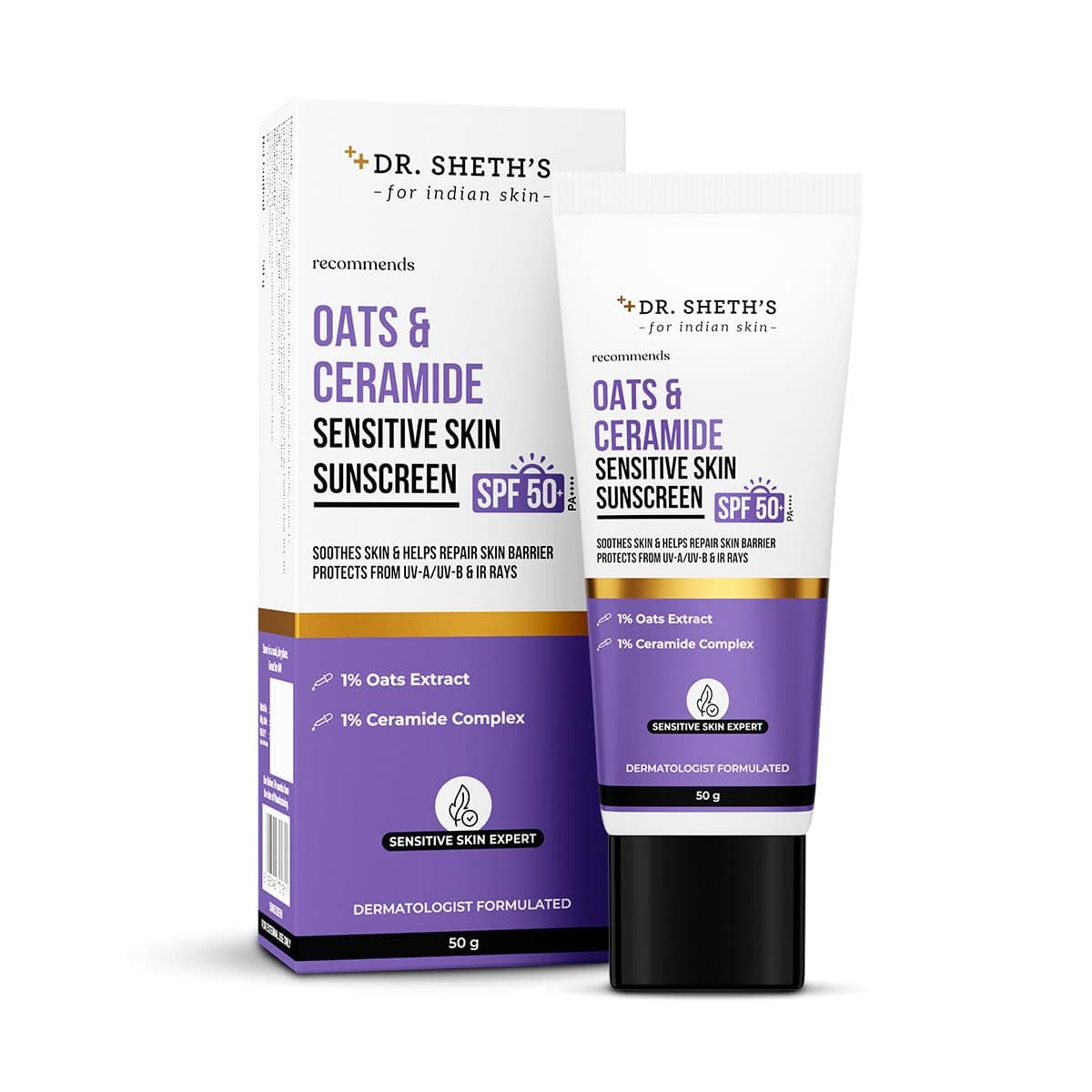 Dr. Sheth's Oats & Ceramide Oil-Free Sunscreen SPF 50+ PA++++ | For Sensitive Skin | To Soothe & Calm Skin | No White Cast | 50 g