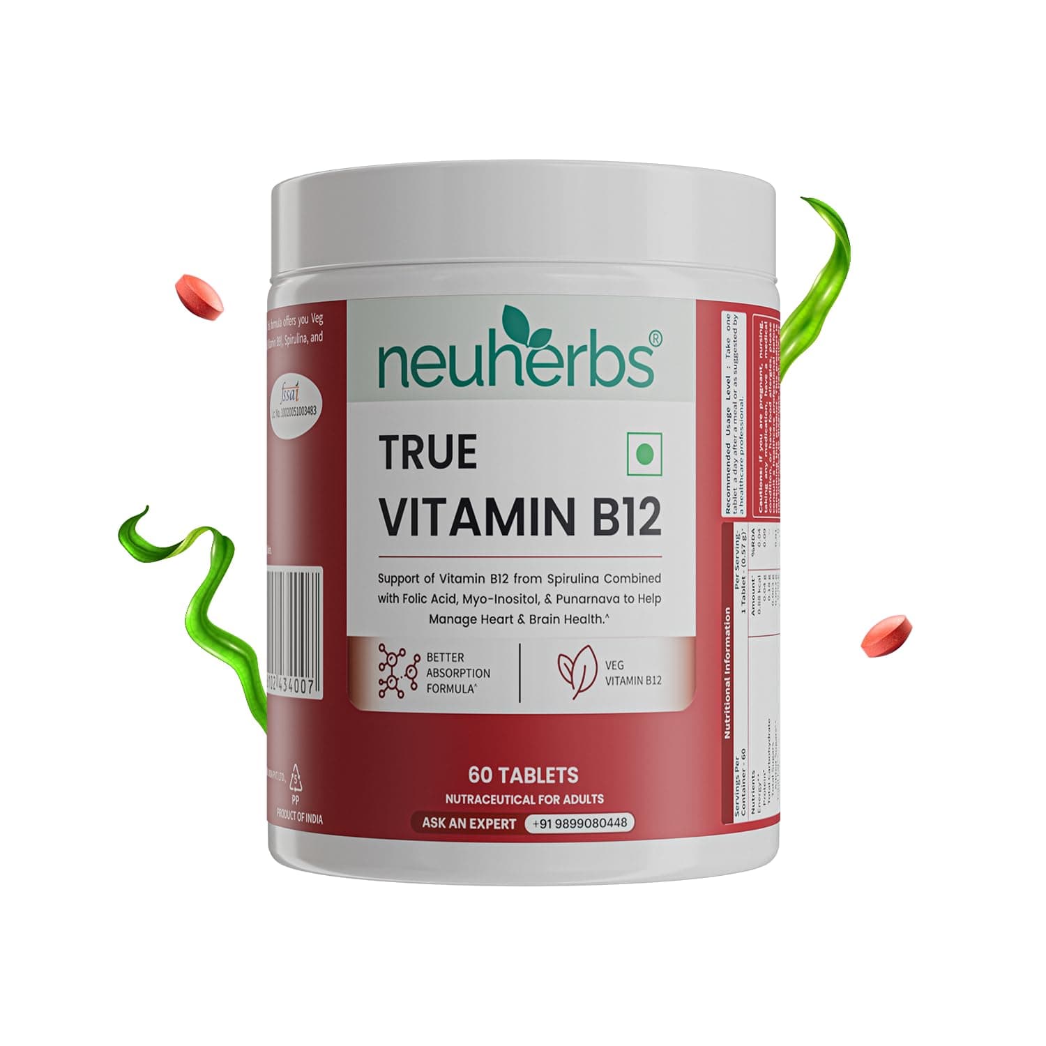 Neuherbs Plant-Based Vitamin B12 Tablets 60 Count | True VItamin B12 with Spirulina, Myo-Inositol & Punarnava | Supports Energy, Brain, Nerve Health & Metabolism for Men & Women