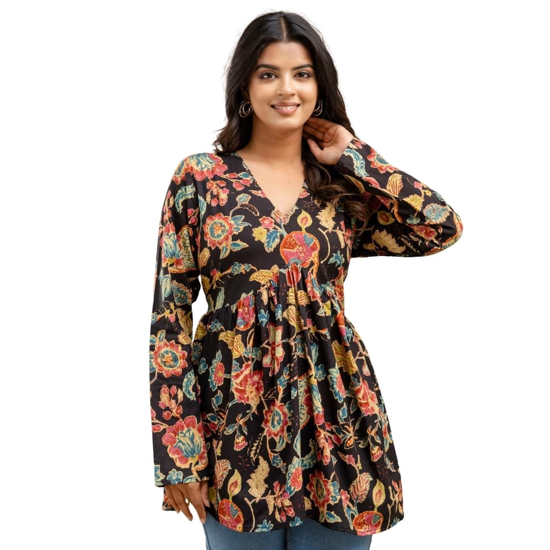 LABEL ADRIJA Cotton V Neck Anarkali Short Kurti for Women Full Sleeve Floral Print | Short Kurtis for Women on Jeans