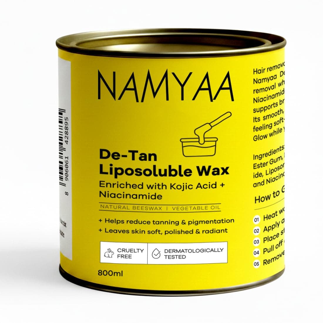Namyaa De-Tan Liposoluble Wax | Painless Hair Removal For Women| Quick & Easy Tan Removal Waxing for Sensitive Skin | Brightening Hair Removal for Legs, Arms, Underarms & Body | Smooth & Even Skin | Professional Strip | 800ml