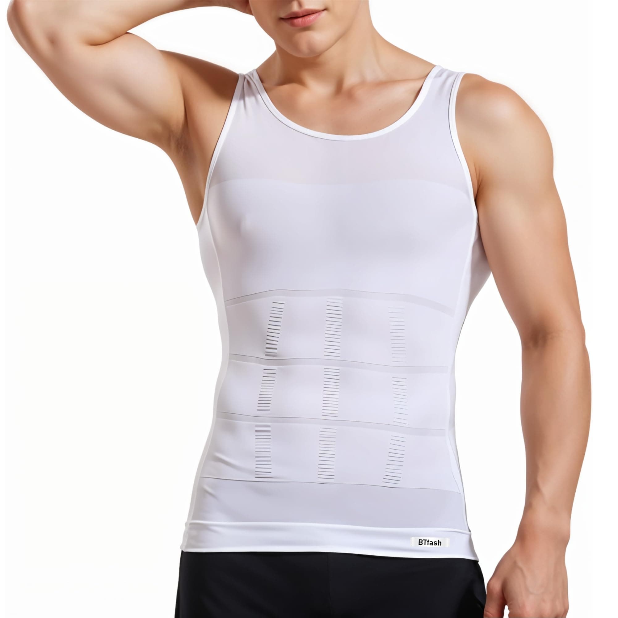 BTfash Men’s Slimming Body Shaper Vest | Compression Tummy Tucker for Belly Fat | Stretchable Abs Slimmer Tank Top | Corset for Gym, Workout & Weight Loss Fitness (White_XL)