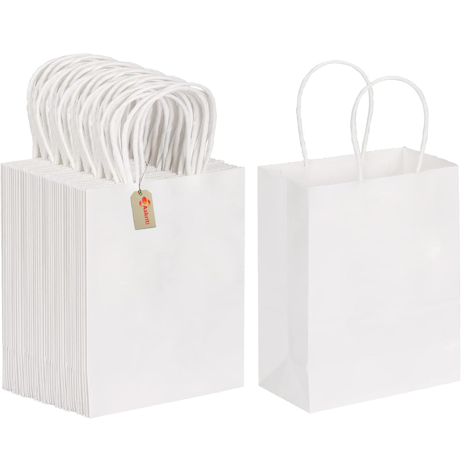 Aakriti Kraft Paper Bags with Handles, White Small Gift Bags Bulk, Retail Bags, Shopping, Birthday Wedding Party Favour, Merchandise | Small Size: 7x3.5x8.5 inch WHITE (Pack of 10)