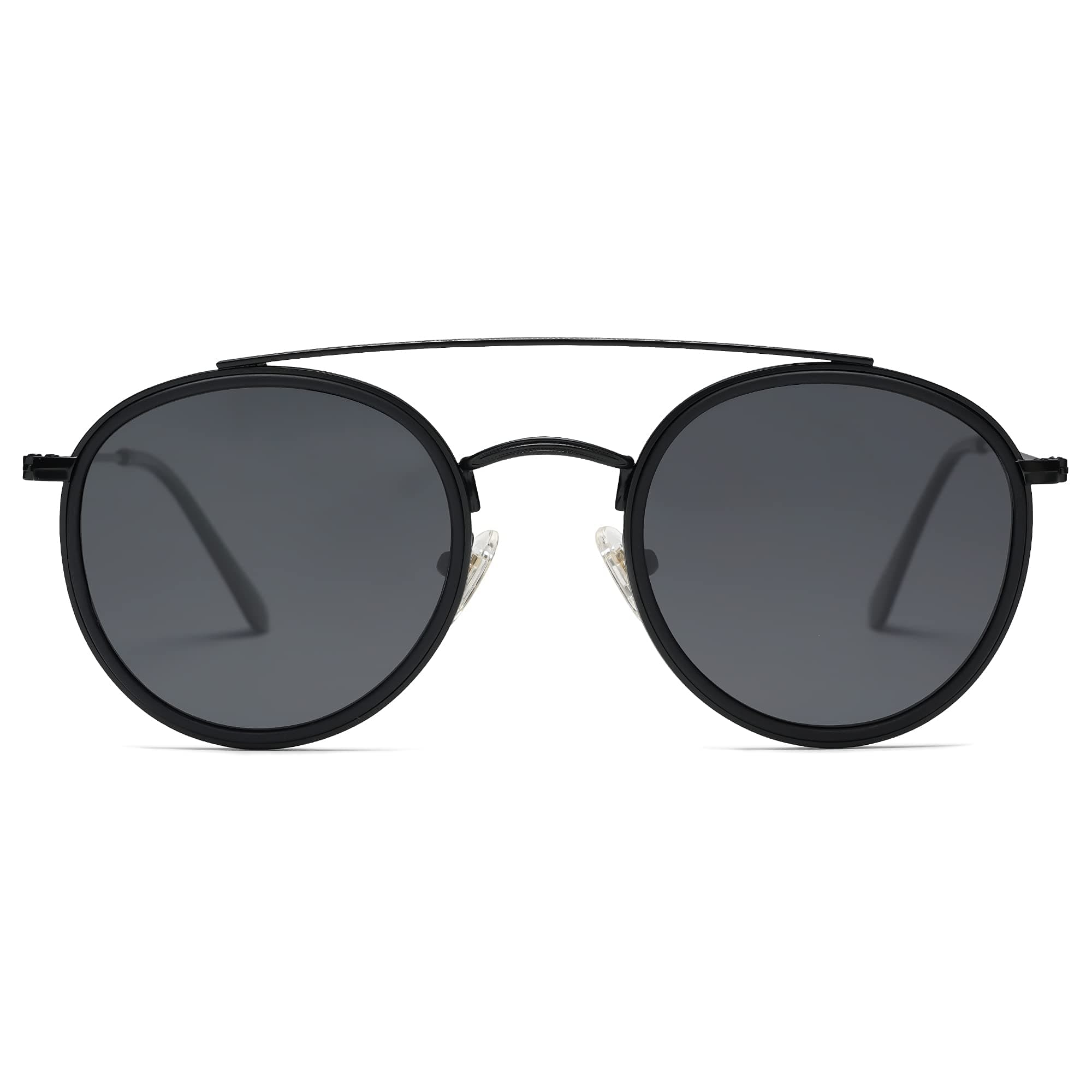 SOJOS Small Round Polarized Men's Sunglasses Double Bridge Frame Mirrored Lens SUNSET SJ1104 with Black Frame/Grey Polarized Lens- Pack of 1
