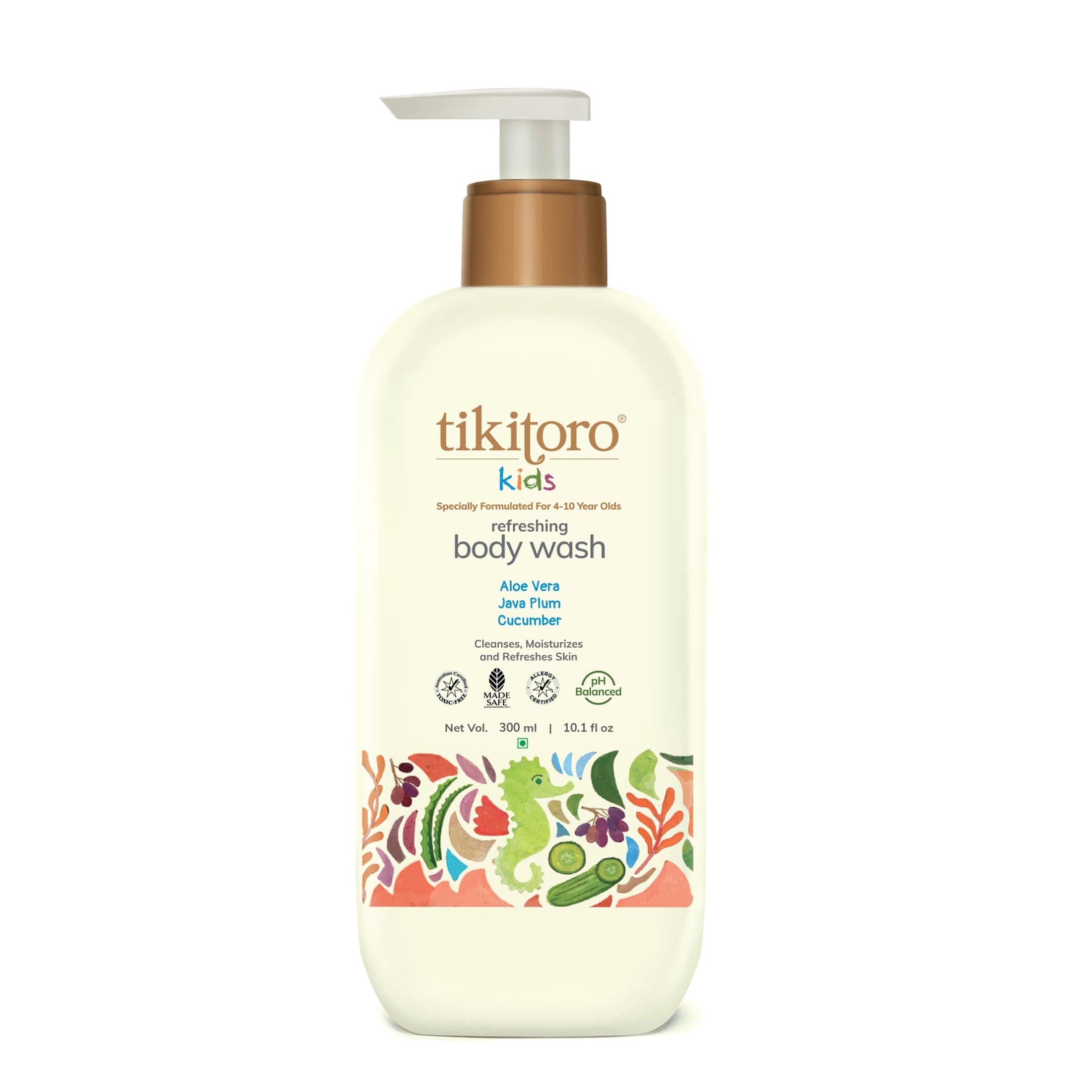 Tikitoro Kids Refreshing Body Wash | Pediatrician Approved | Deeply Cleanses, Hydrates & Refreshes Skin | Cucumber, Java Plum, Vitamin C & Aloe Vera | No Parabens & Sulphates, Age 4+ years (300ml)