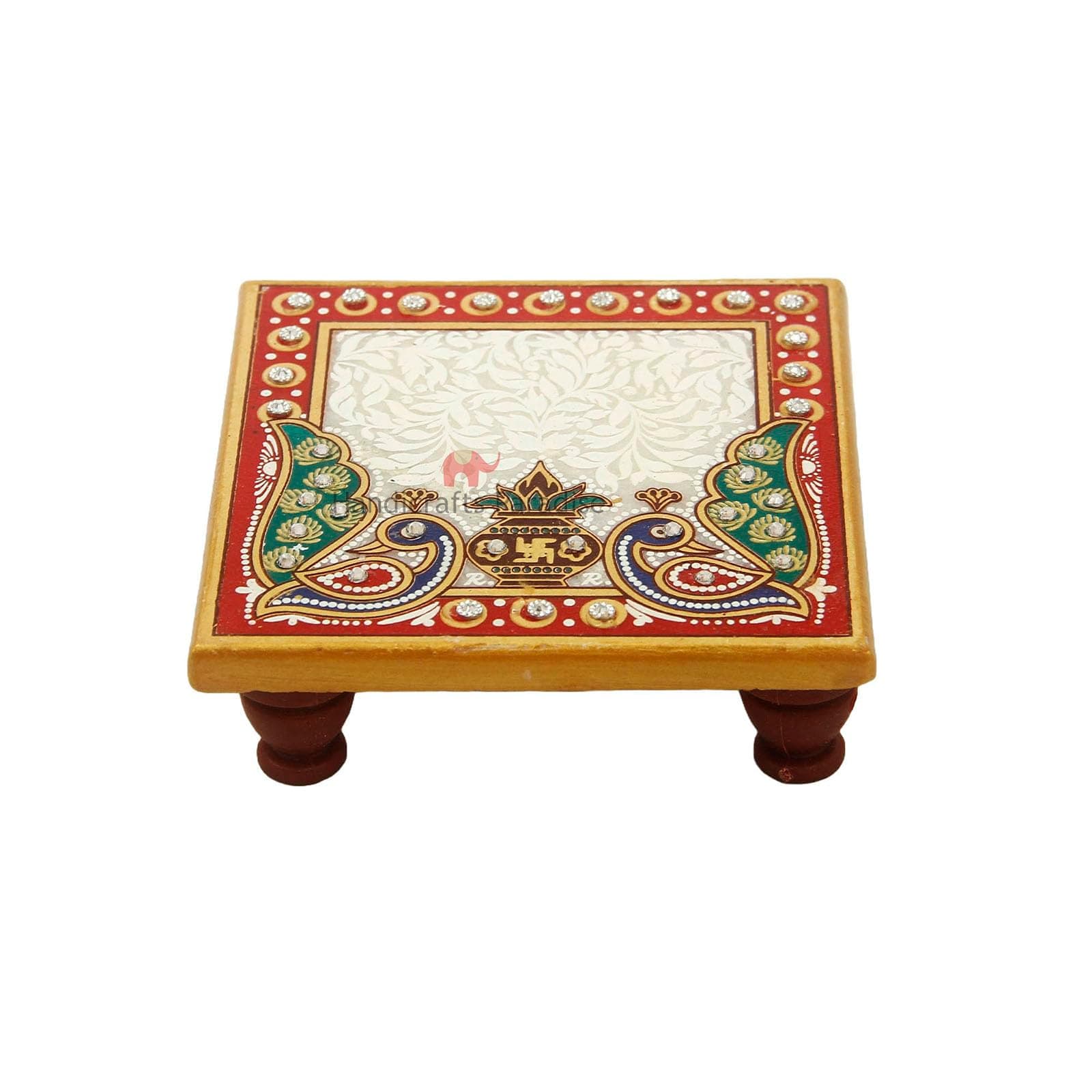 Handicrafts Paradise ( 4 x 4 inch Marble Chowki Peacock Kalash Bajot for God, Home Mandir, Idols Statues Pratima, Home Décor Showpiece Multicolor