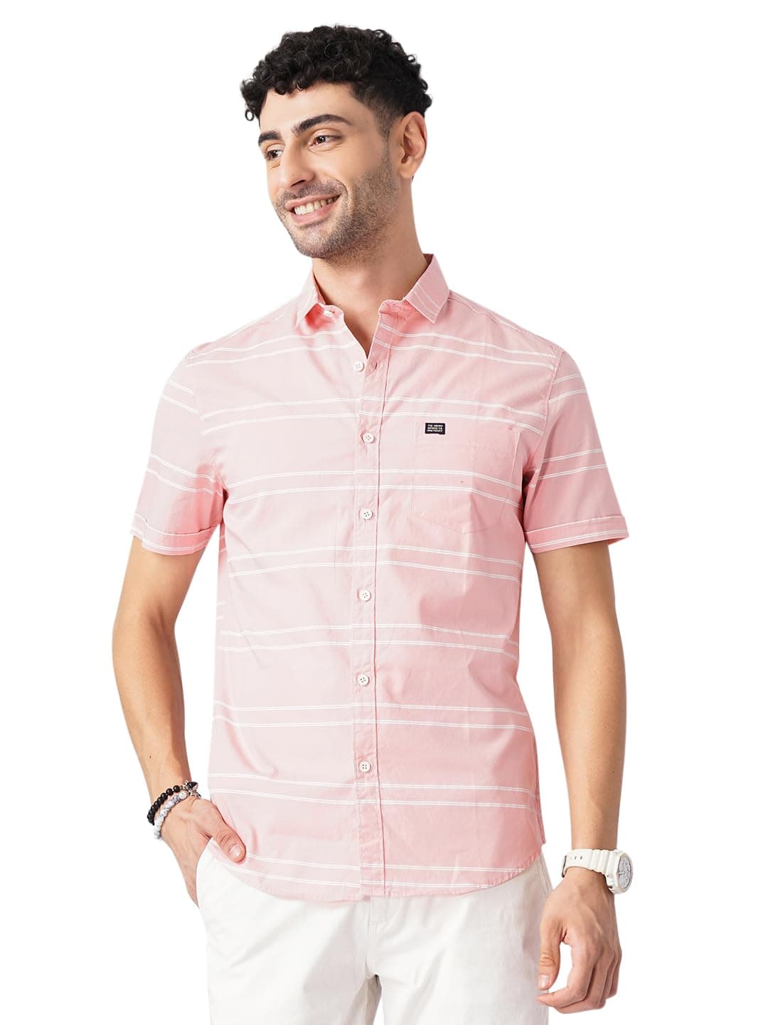 The Indian Garage Co Men Slim Fit Striped Half Sleeves Spread Collar Cotton Casual Shirt
