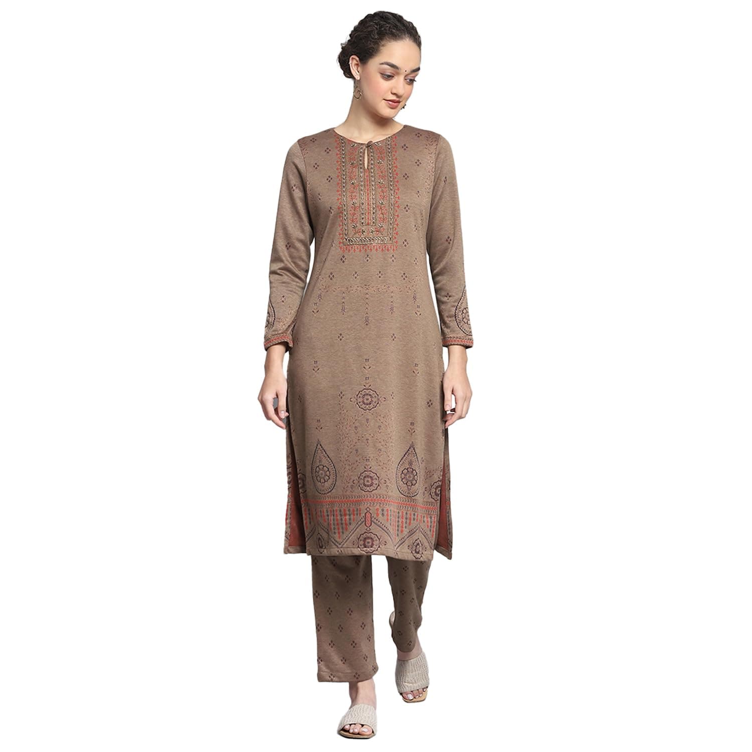 Monte Carlo Womens Regular Fit Self Designed Round Neck Full Sleeve Winter Kurti Set |Stylish Woolen Ethnic Wear for Ladies | Traditional Outfit for Women (Pack Of 1)