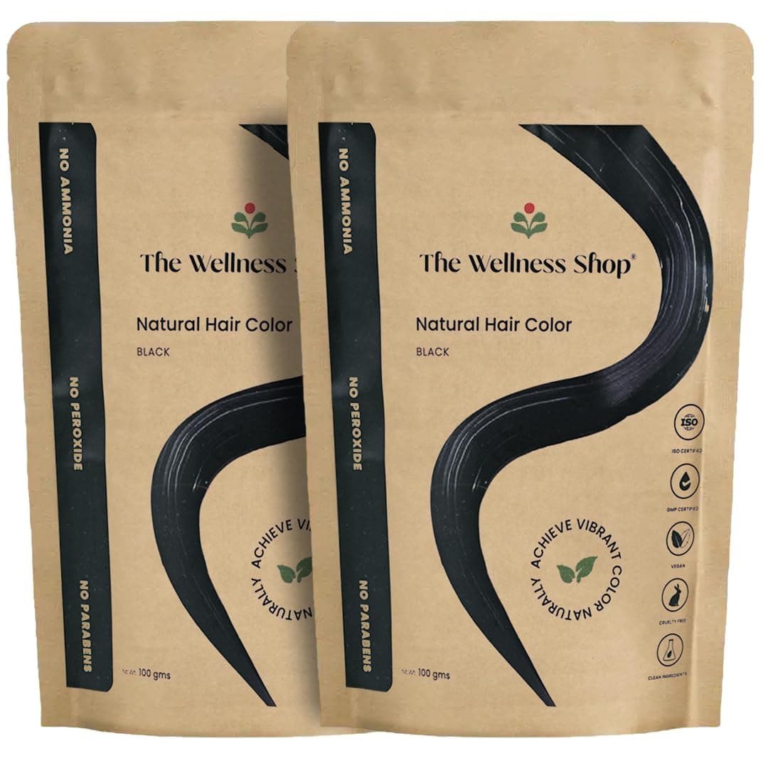 The Wellness Shop Natural Black Hair Colour Powder (100g Pack of 2), Herbal Hair Dye for Grey Coverage | Chemical-Free, Ammonia-Free | Hair Color Long-Lasting Natural Shine