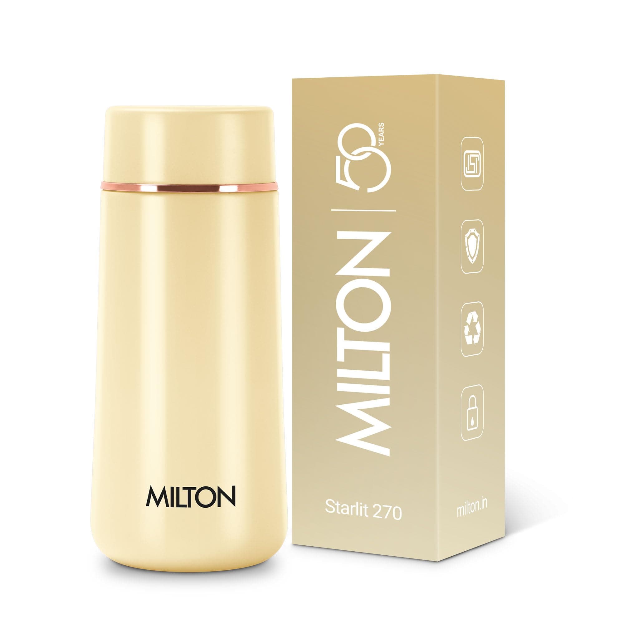 Milton Starlit 270 Thermosteel Compact ISI Certified Water Bottle, Vacuum Insulated Hot and Cold I SS304 Stainless Steel, Leak Proof I 260 ml, Ivory