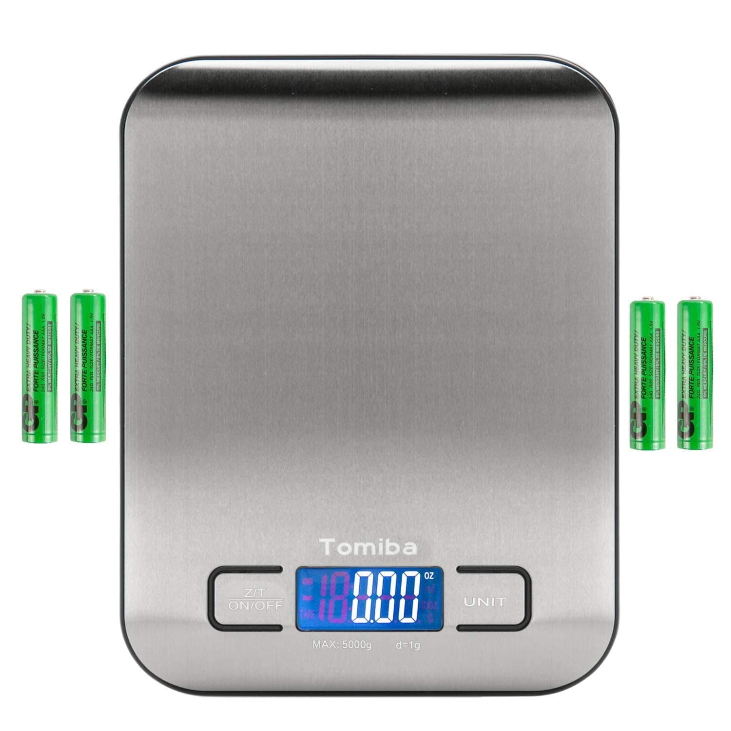 TOMIBA Digital Kitchen Food Scale 11 lb Grams and Ounces Small Stainless Steel Backlit Silver Batteries Included