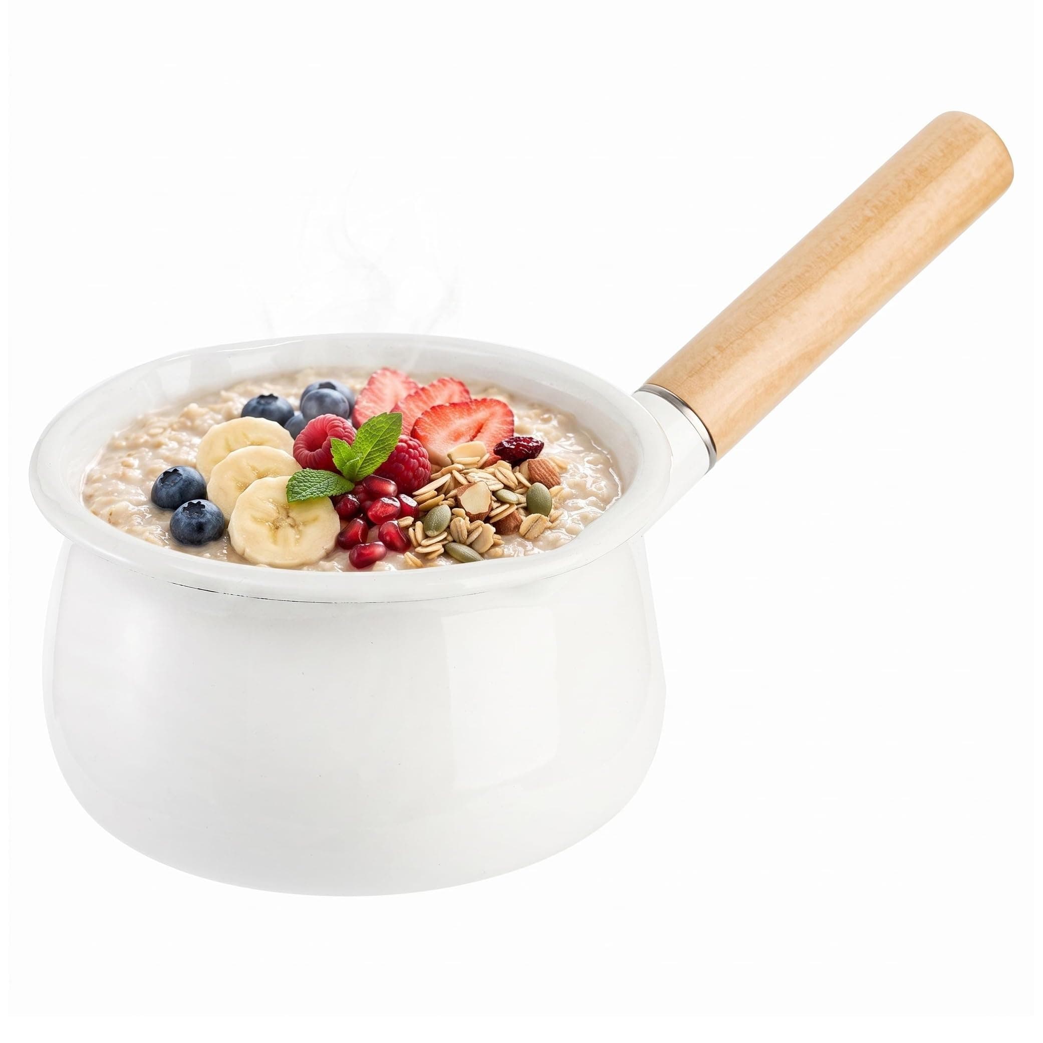 Jucoan 1 Quart Enamel Milk Pan with Dual Pour Spout, Small Enamel on Steel Saucepan Milk Pot Butter Warmer with Wooden Handle, Stove Top Soup Pot for Home Kitchen Cooking Heating Boiling