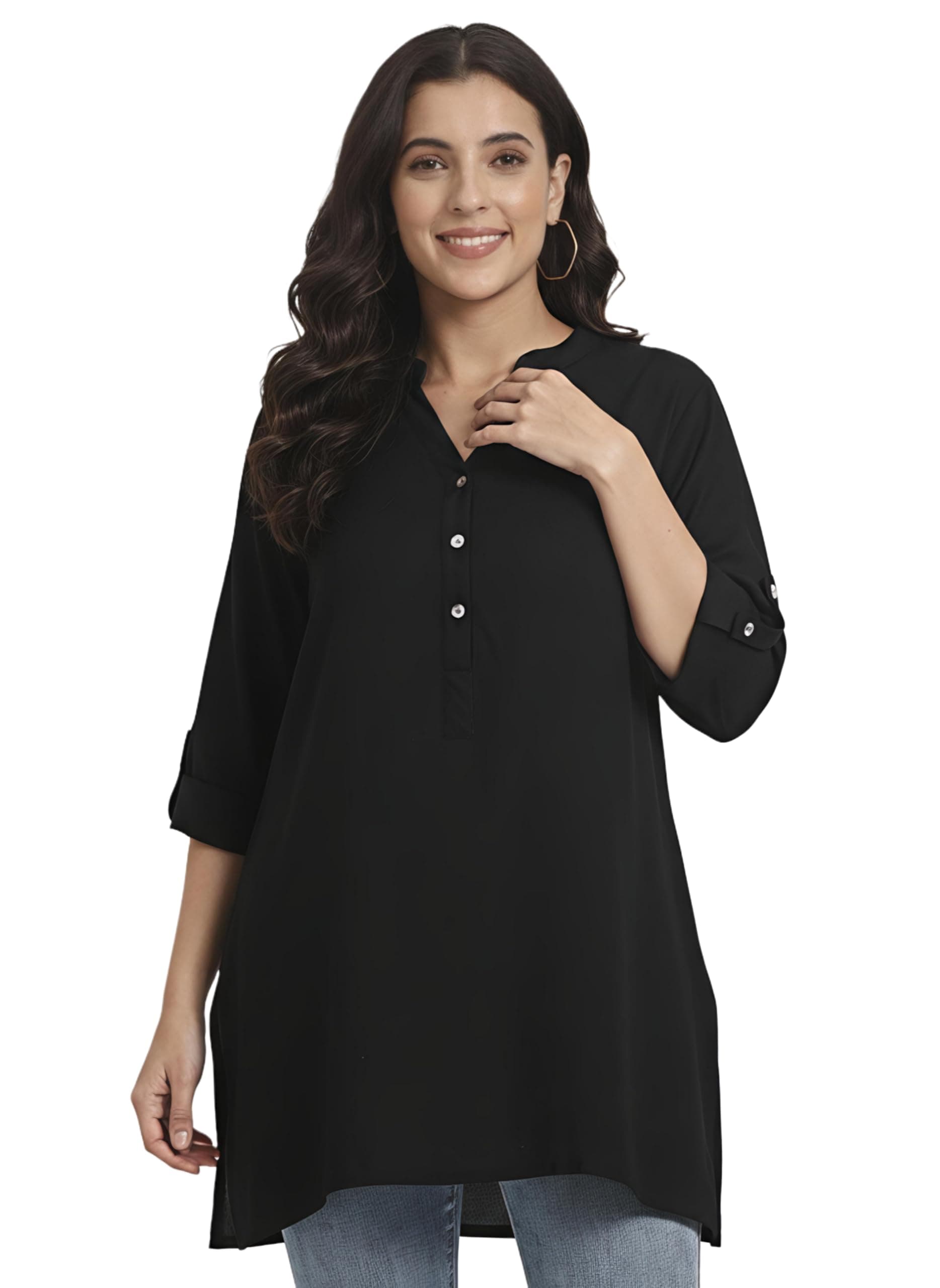 Angoori Fashion Women's Roll-Up Sleeve Tunic Top, V-Neck with Button Front, Side Pockets, Rayon Short Kurti