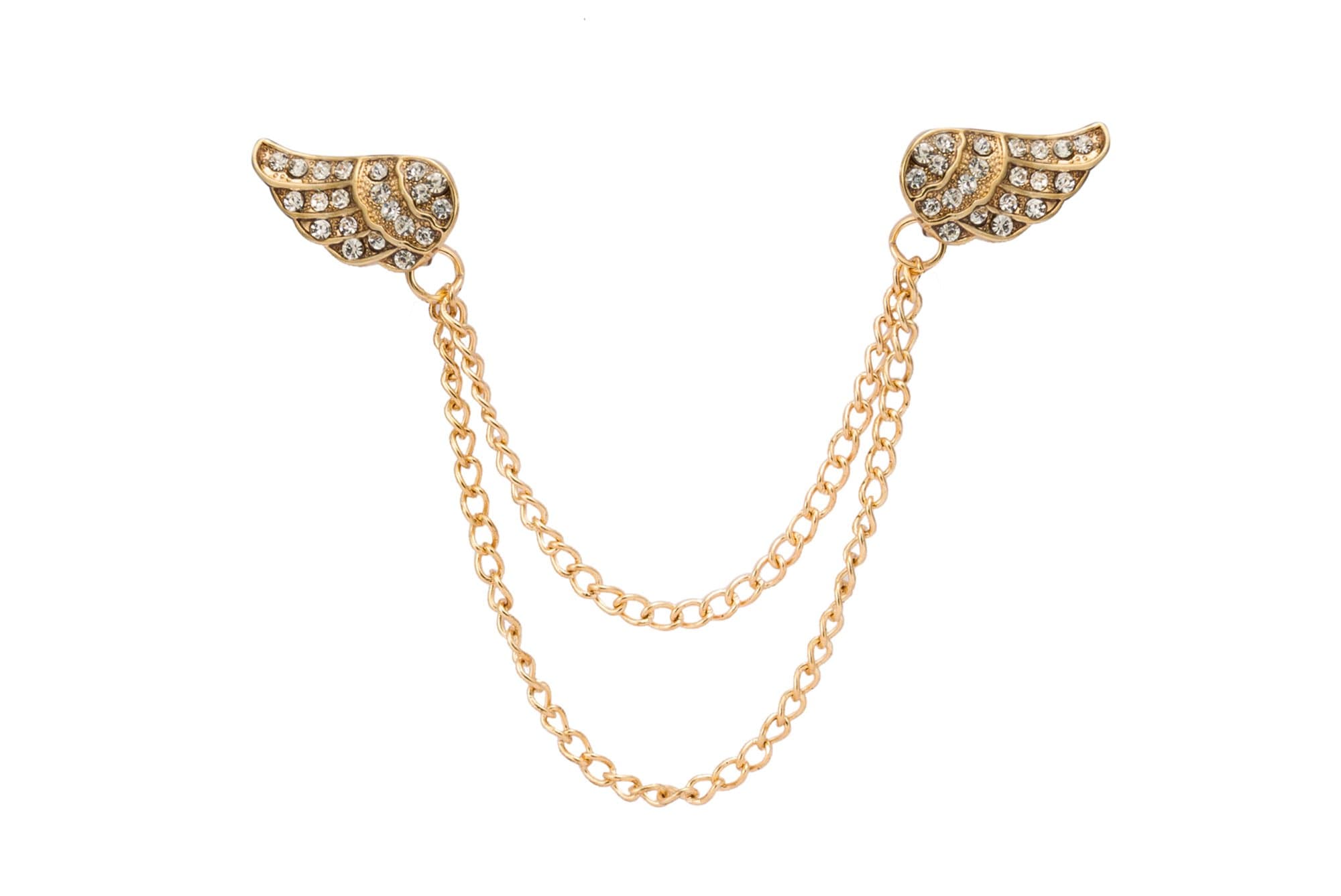 Knighthood Golden Alloy Double Angel's Wings with Hanging Chain Brooch/Collar Lapel Pins for Men