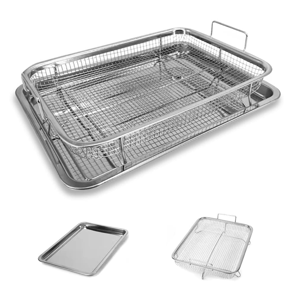 Karomouj 2-Piece Stainless Steel Air Fryer Crisping Basket & Baking Tray Set | Non-Stick Mesh Baking Rack for Oven | Ideal for Crispy Fries, Chicken, Fish, Vegetables & Dehydrating | Silver