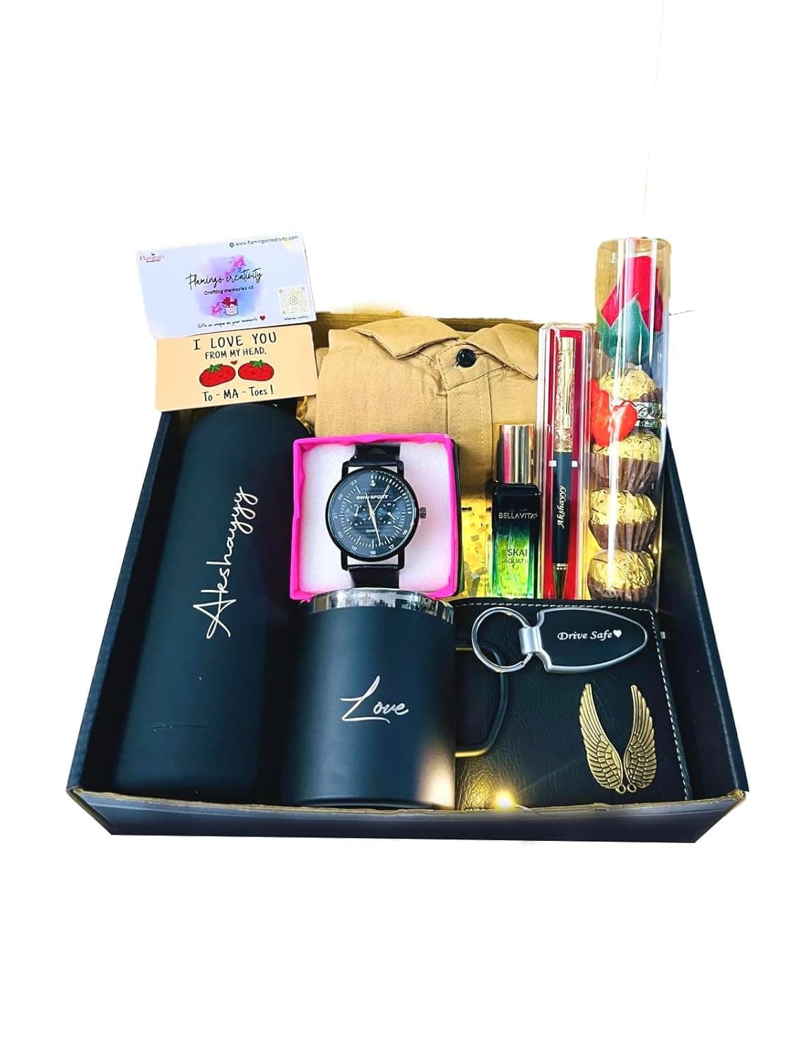 FLAMINGO CREATIVITY Gift Set for Him – Personalized Hamper with Black Rubber Bottle, Shirt, Watch, Wallet, Mug, Pen, Perfume, LED Keychain, & More – Ideal for Birthday, Valentine Combo Set