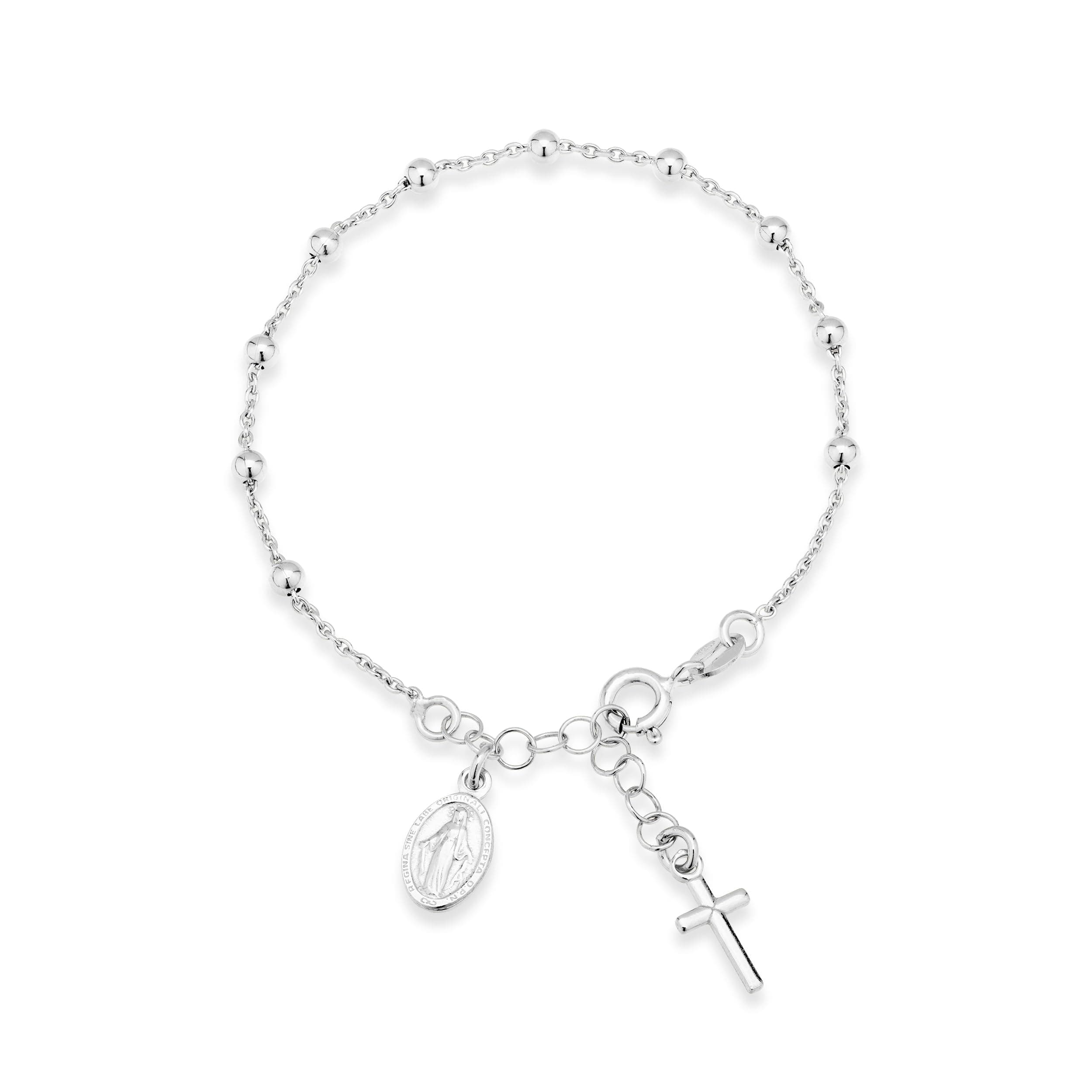 Miabella 925 Sterling Silver Italian Rosary Cross Bead Charm Link Chain Bracelet for Women Teen Girls, Adjustable, Made in Italy, 8 inches, Sterling Silver