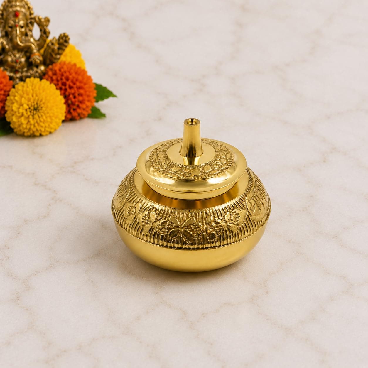 Spillbox Brass Box Pooja|Puja|Roli|Chawal|Chandan|Haldi|Kumkum Puja Box|Sindoor|Turmeric|Dabbi|Dibbi|Dhani|Dani Holder with Lid| sindoor pot - Kumkum-Pot