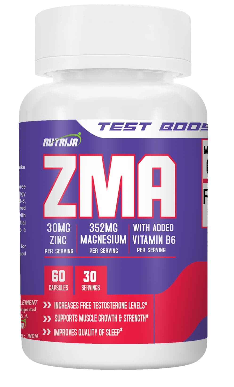 NutriJa ZMA Supplement with Magnesium Glycinate, Zinc & Vitamin B6-60 Capsules | Added Boron & BioPerine for Muscle Recovery, Strength & Better Sleep Quality | High Absorption Supplement
