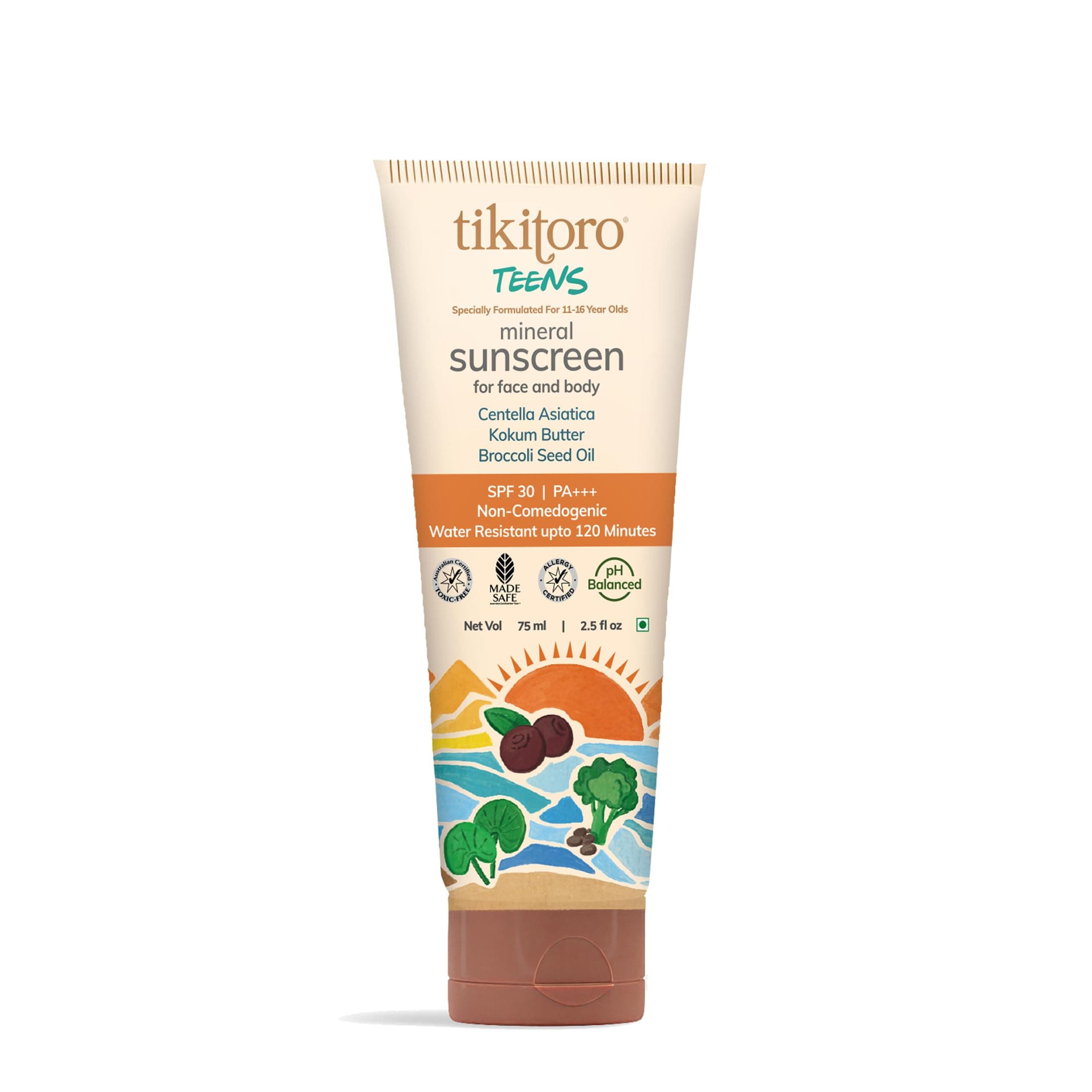 Tikitoro Teens Mineral Sunscreen SPF 30 PA+++ | Broad Spectrum UVA/UVB | Water Resistant 120mins | Dermatologist Approved | Prevents Tanning | Benzophenone-3 & Avobenzone-Free (75 ml)