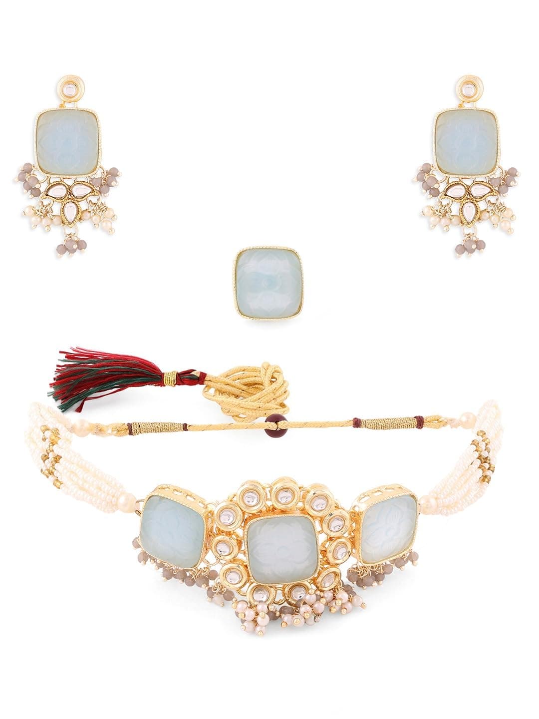 ZAVERI PEARLS Grey Stones & Beads Multistrand Pearls Choker Necklace Earring & Ring Set For Women-ZPFK18442