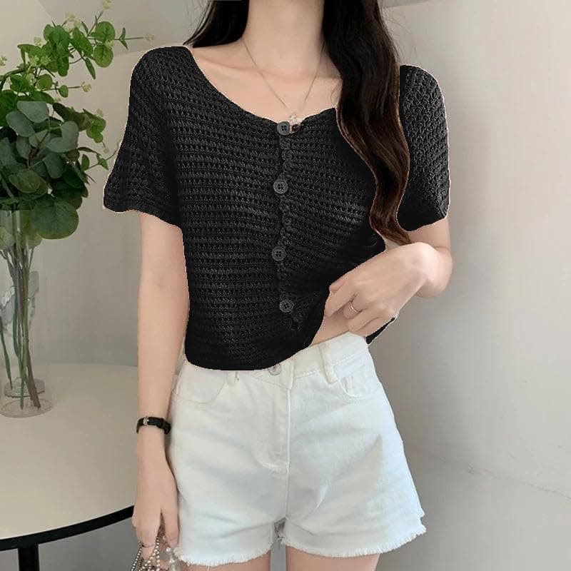 MYSTIFY® Women Hollow Mesh Blouse Jacket Long Sleeve Shrug Button Bolero Shrug Crochet Stretch Cardigan See Through Cover-Up for Dresses Beach Cover Up Top