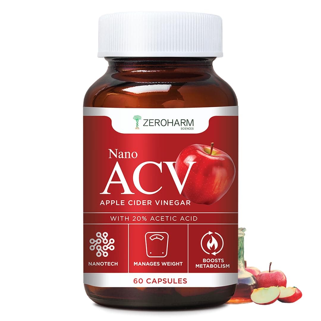 ZEROHARM Nano Apple Cider Vinegar (ACV) 500mg with 20% Acetic Acid | Supports Metabolism, Cravings & Appetite Control | Aids Gut Health, Digestion & Weight Management | Men & Women | 60 Capsules