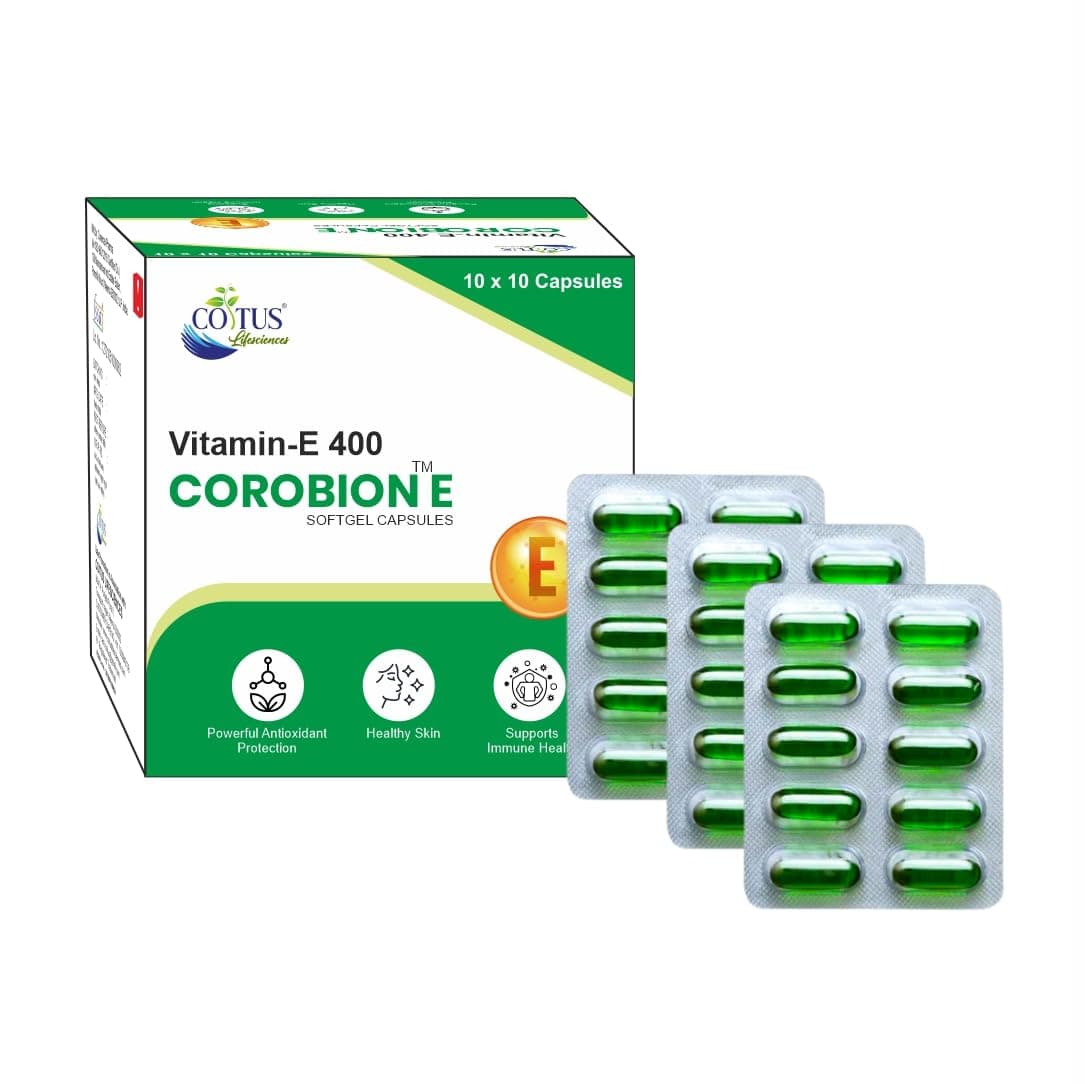 Vitamin E Capsule Corobion E for Glowing Face, Skin and Hair Nutrition 100 Capsules