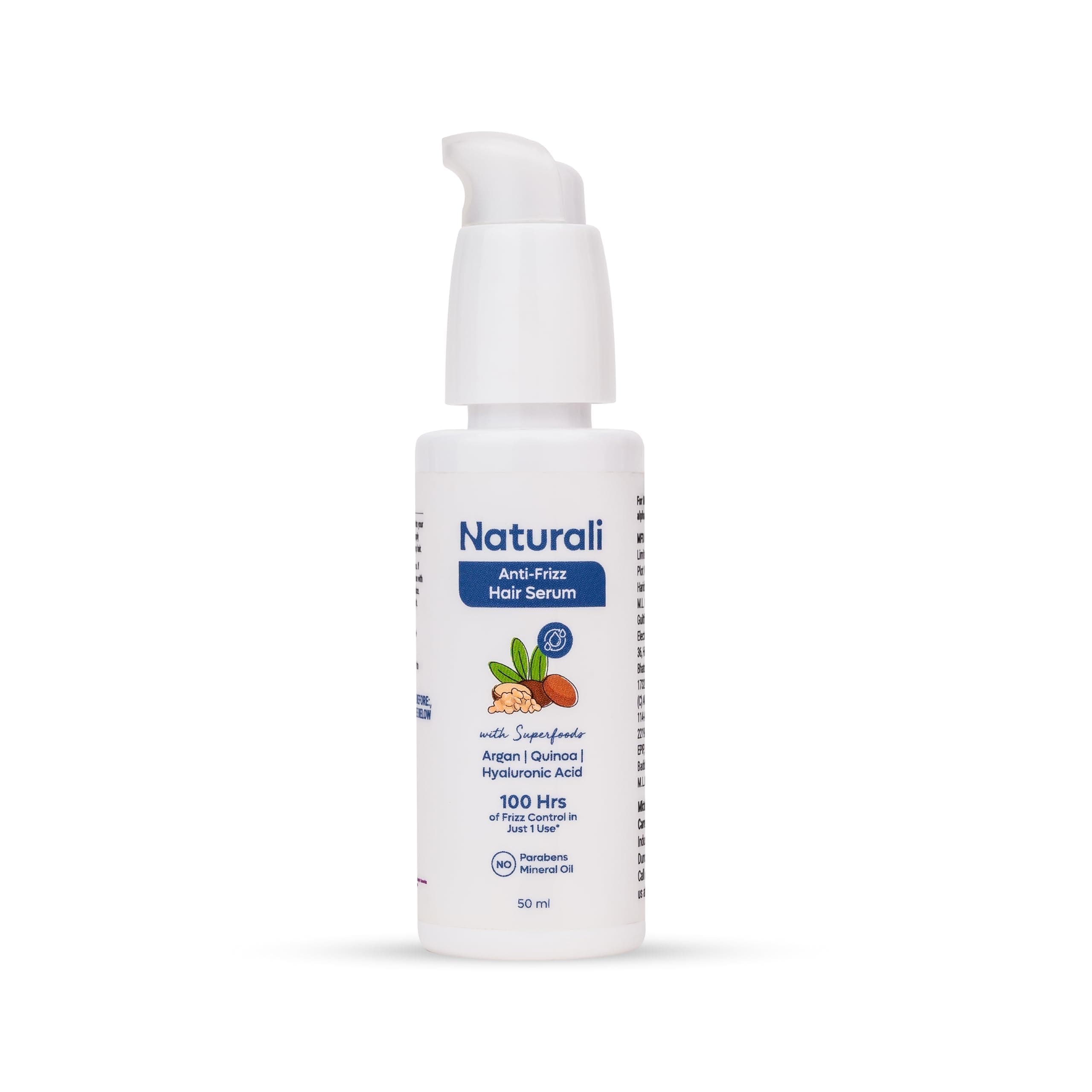 Naturali Anti-Frizz Serum with Argan Oil, Quinoa & Hyaluronic Acid | 100 hours of frizz control | Leaves hair smooth with a glossy finish| Sulphate & Paraben Free Everyday Serum For Women & Men | 50ml
