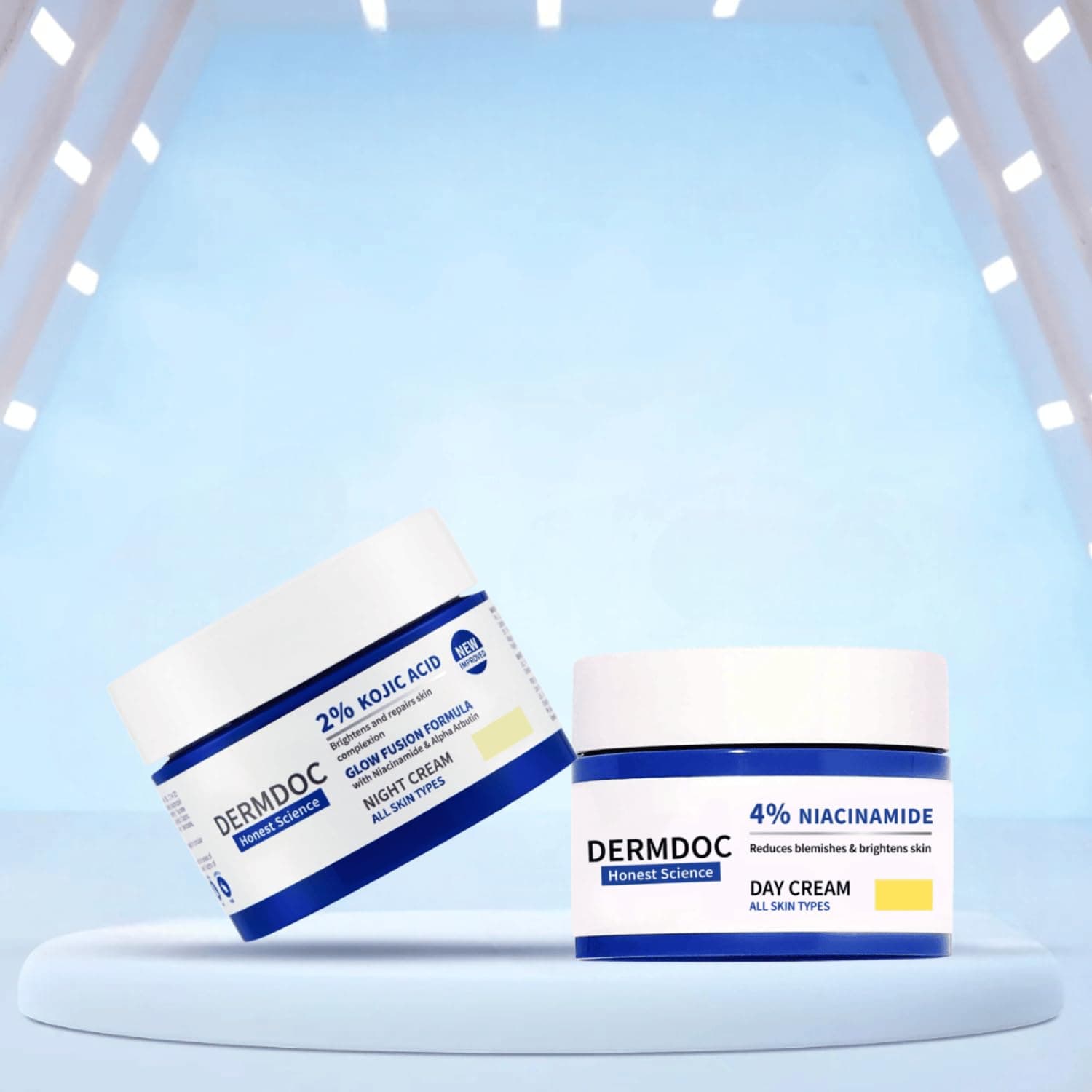 DERMDOC Ultimate Skin Brightening 4% Niacinamide Face Day Cream (50 gm) for Glowing Skin & Improved Texture + 2% Kojic Acid Night Cream (50 gm) with Niacinamide & Alpha Arbutin for Dark Spot Reduction, Anti-Aging, and Even-Toned Radiance – Pack of Two