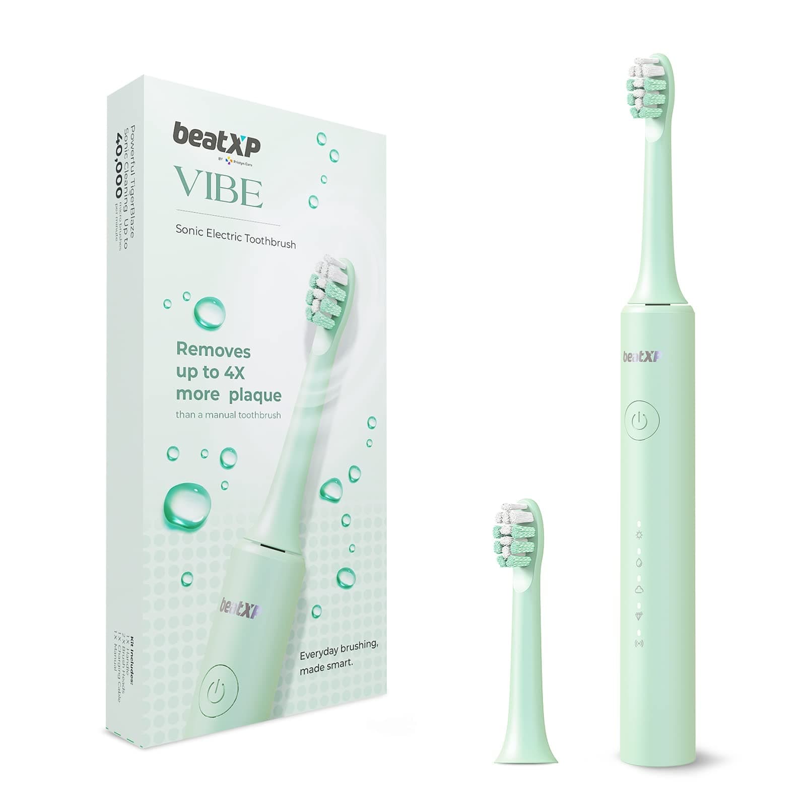 beatXP Vibe Electric Toothbrush For Adults With 4X Plaque Removal|Rechargeable Electric Toothbrush With 2 Brush Heads & 5 Cleaning Modes|40000 Strokes/Min With Long Battery Life,Green