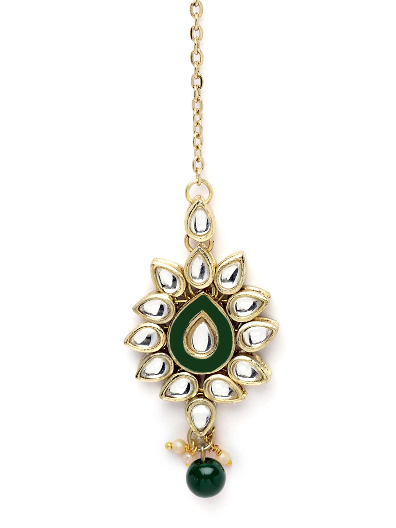 Karatcart Traditional Gold Plated Green Beads Kundan Maang-Tikka for Women