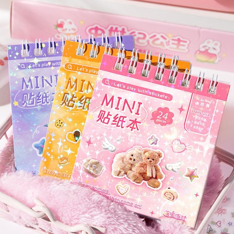 SAMVARDHAN Mini Sticker Book Set – 3 Design Glitter Stickers with Tweezer, 72 Pages Each, Double Coil Binding, Cute Kawaii Transparent Stickers for Scrapbooking, Journaling, DIY, Stationery
