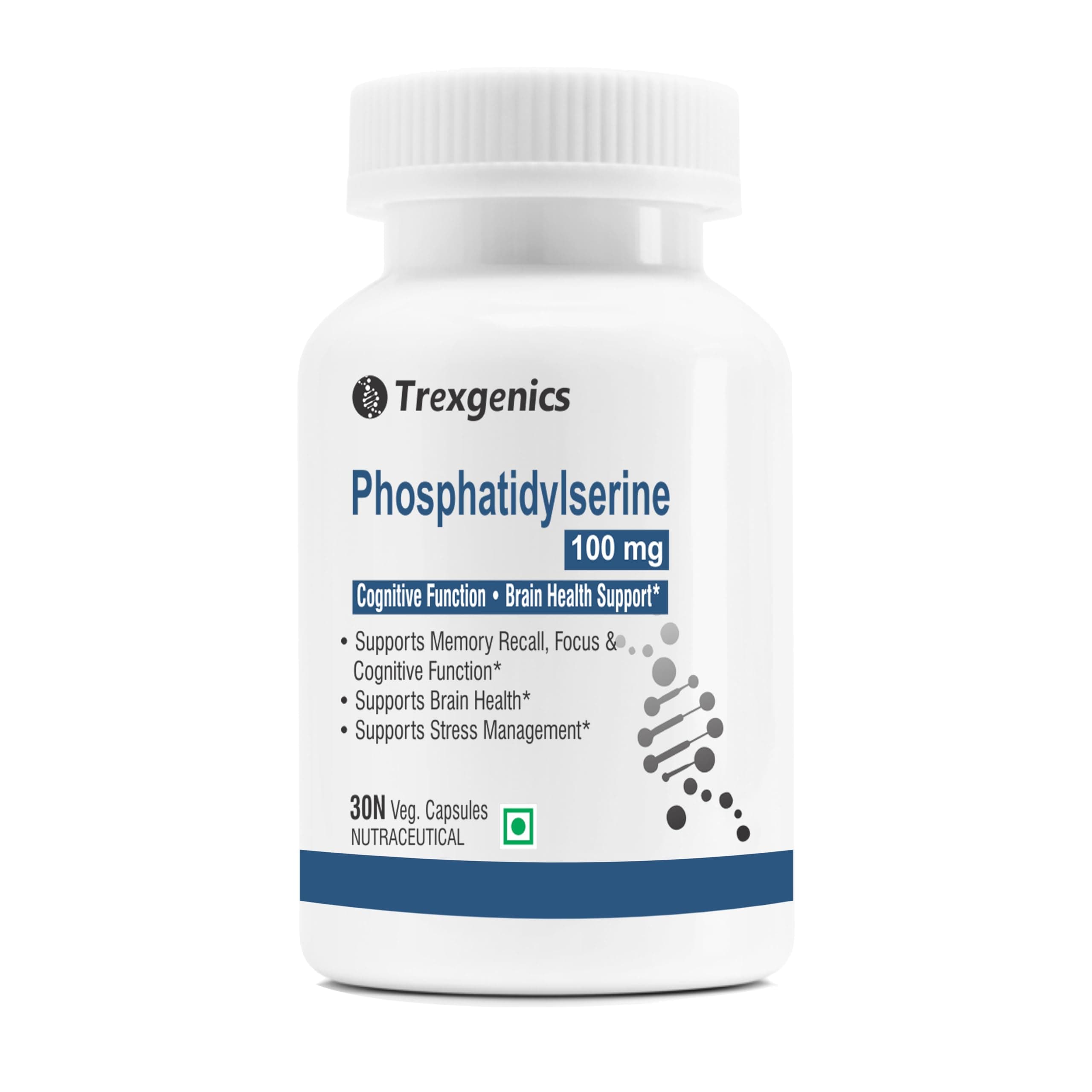Trexgenics PHOSPHATIDYLSERINE 100 mg from Phospholipid Complex 143 mg, Cognitive Function, Brain Health Support (30 Veg Capsules)