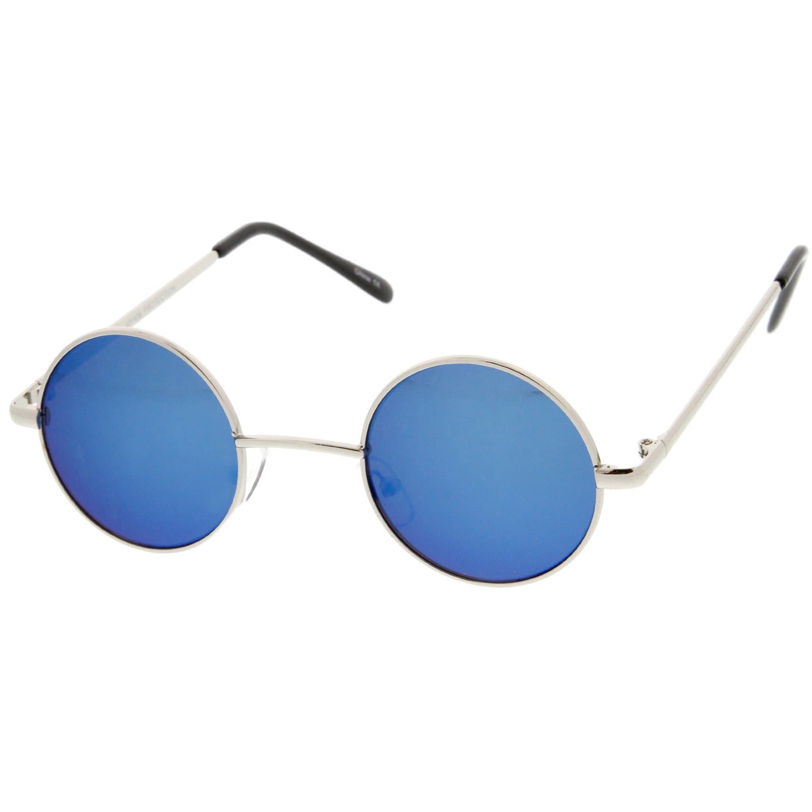 Small Retro Lennon Style Colored Mirror Lens Round Metal Sunglasses 41mm (Silver/Blue Mirror)