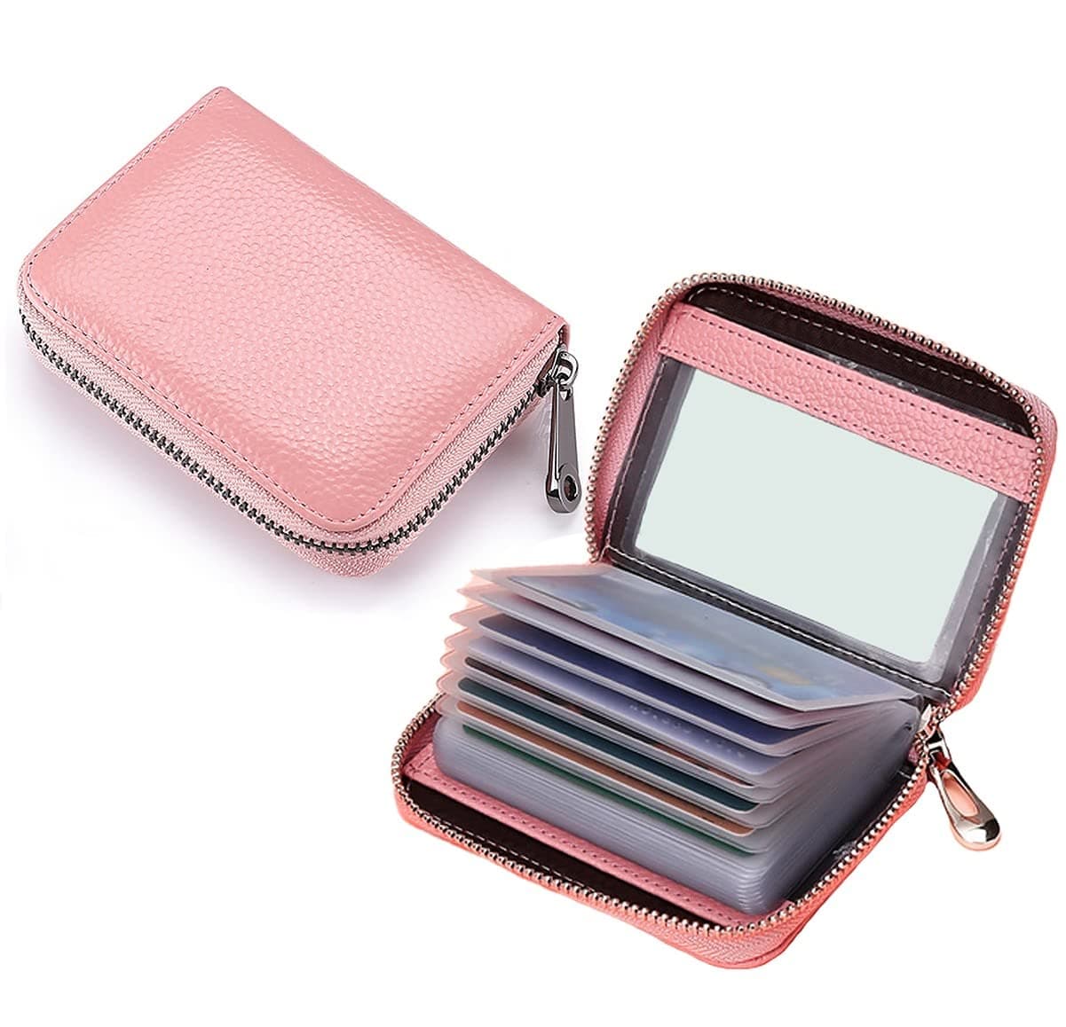 wolpin 20 Slot Leather Card Holder Wallet with Zip, Leatherette Visiting Card Organizer for Men & Women, Business ID Debit Credit Card Case, Compact Travel Card Storage, Pink