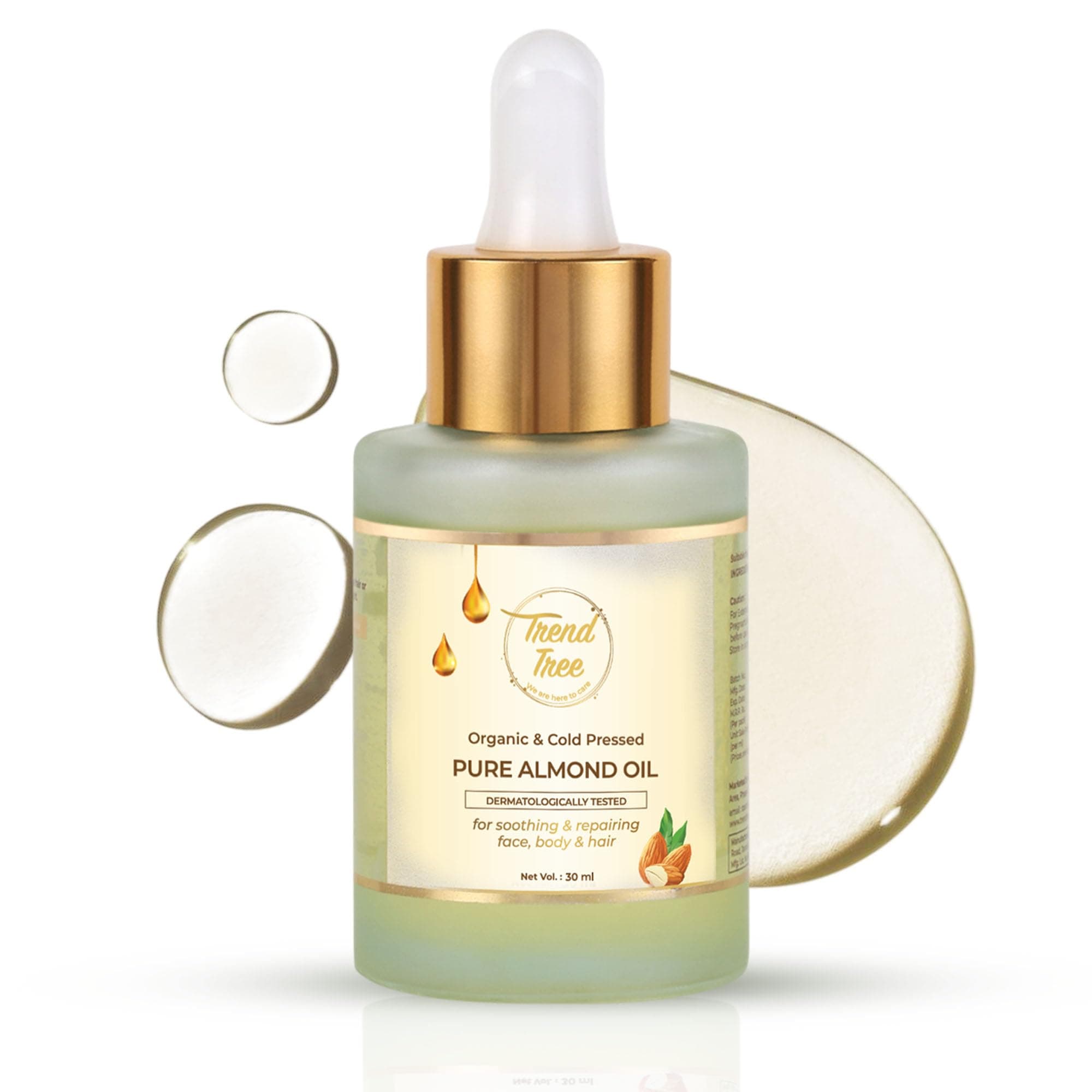 TrendTree Pure & Organic Cold Pressed Almond Oil for Soothing & Repairing Face, Skin & Hair, 30ml