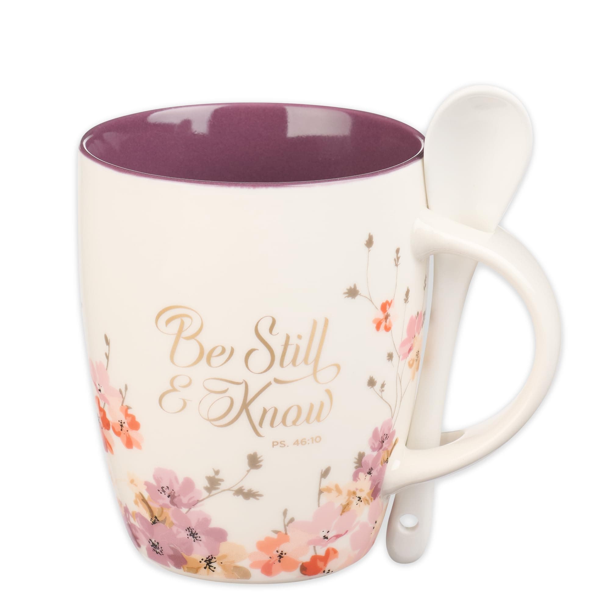 Christian Art Gifts Coffee and Tea Scripture Mug with Ceramic Spoon Set for Women: Be Still and Know - Psalm 46:10 Inspirational Bible Verse Message Hot & Cold Beverage, Purple/White Floral, 12 oz.