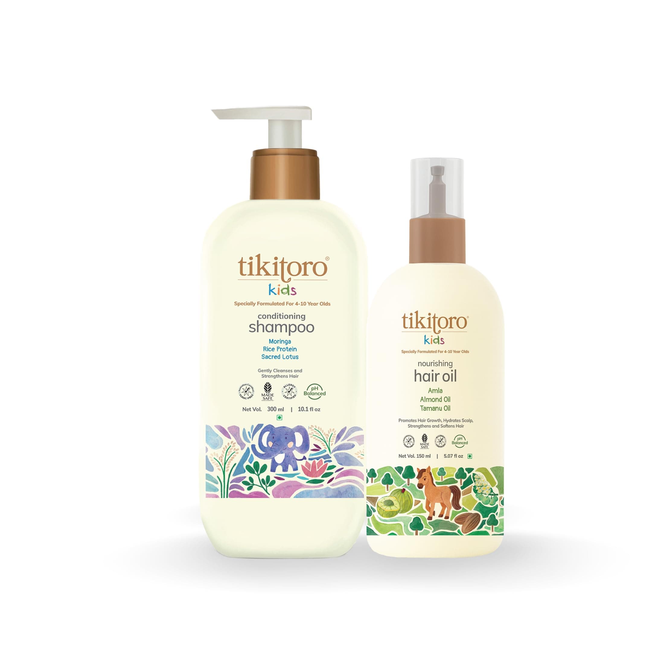 Tikitoro Kids Haircare Combo Nourishing Hair Oil & Conditioning Shampoo, 100% Vegan Promotes Hair Growth, Conditions Hair & Scalp, No Paraben & Sulphate (150 ml x 1 & 300 ml x 1)