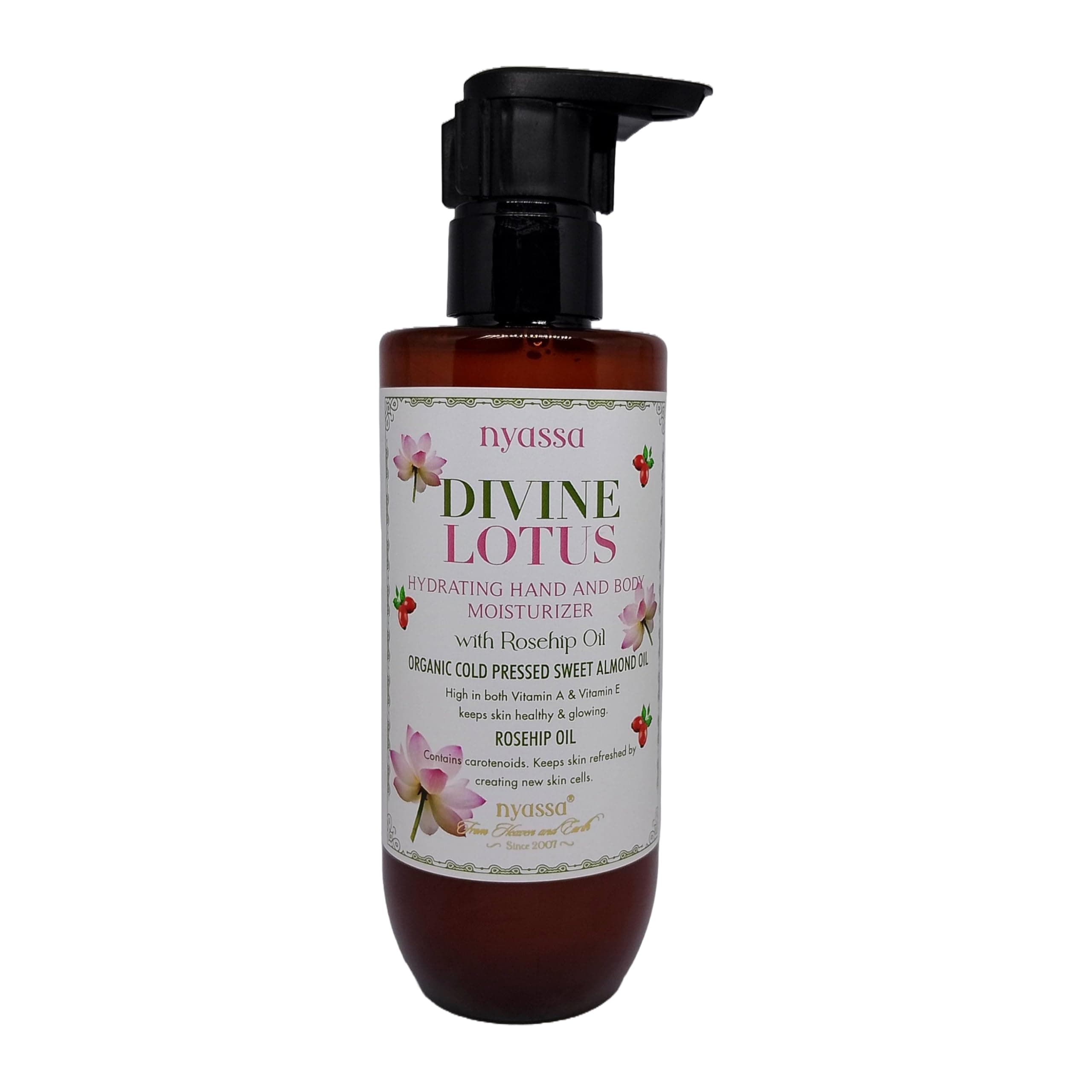Nyassa Divine Lotus Hydrating Hand and Body Moisturizer with Rosehip Oil & Organic Sweet Almond Oil |For skin healthy & glowing | No Parabens, Sulphates, Vegetarian. Cruelty free. (200ml)