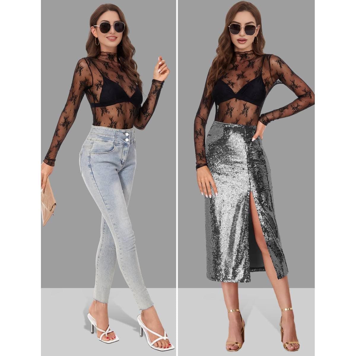 SANNIDHI® Mesh Long Sleeve Top for Women, Lace Sheer Tops See Through Mock Neck Floral Embroidery Sheer Blouce Fishnet Shirt Floral Lace Tops(Not Include Bra!)