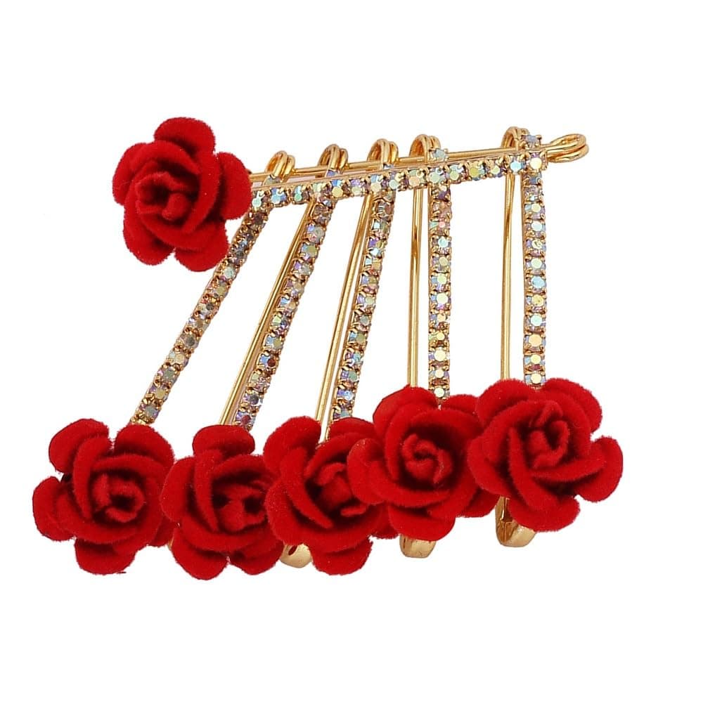 VAMA FASHIONS Red Rose Stone Safety Sari Brooch Clip Dresses Pleats Pallu Saree Pins for Women