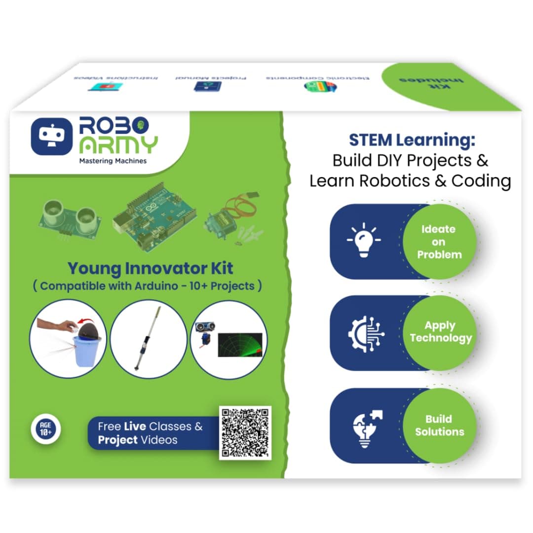 Young Innovator STEM Robotics Kit for Kids Ages 10-15 – 10+ DIY Projects with Ultrasonic Sensors | Build Smart Dustbin, Sonar System, Automatic Door | Arduino Compatible | Video Tutorials | Class 6-9