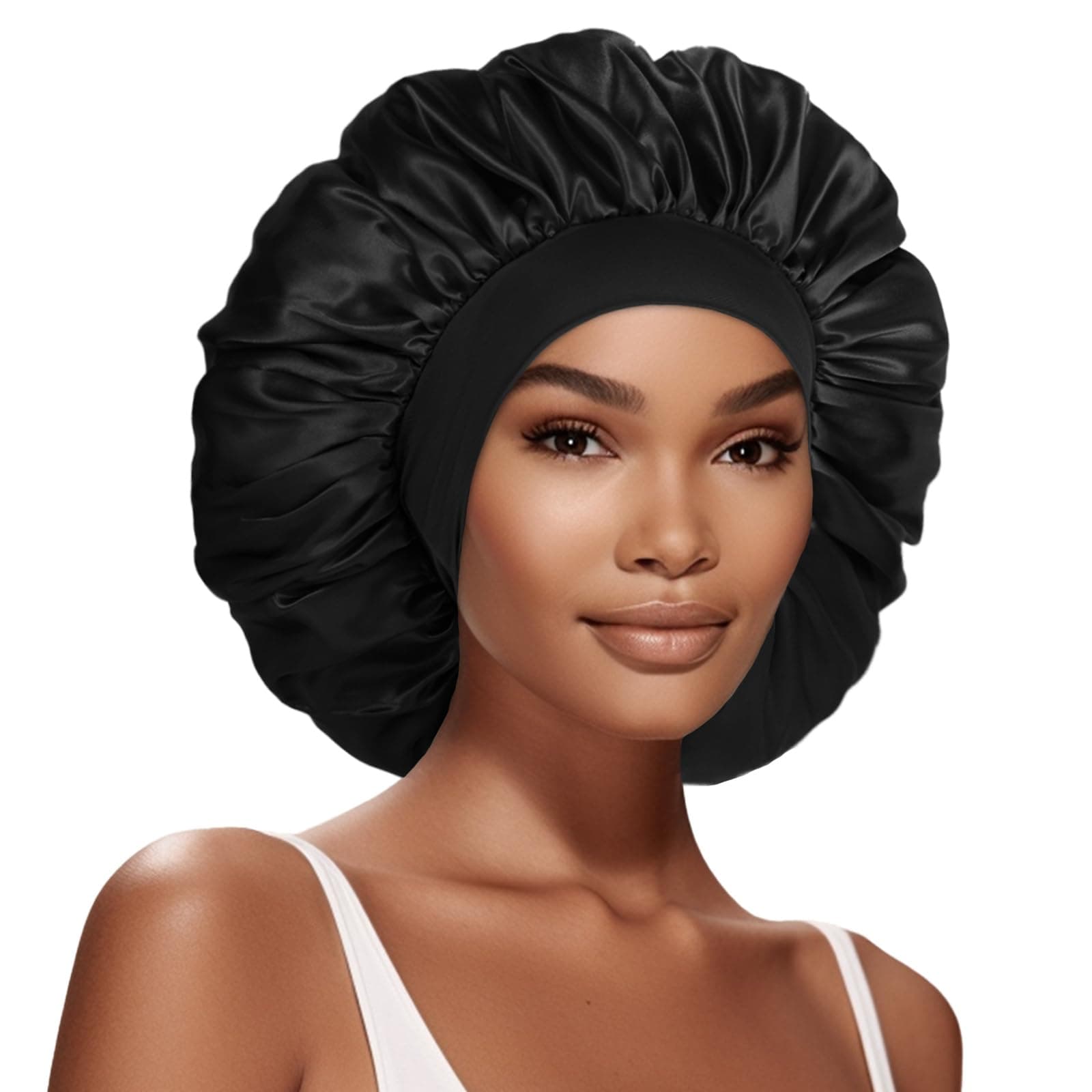 Eatra Large Satin Bonnet Hair Cap, 17inches Silk Bonnet for Sleeping, Jumbo Silk Sleep Cap for Women Braids Curly Hair Locs 1Pcs (Black), Color01-black, L