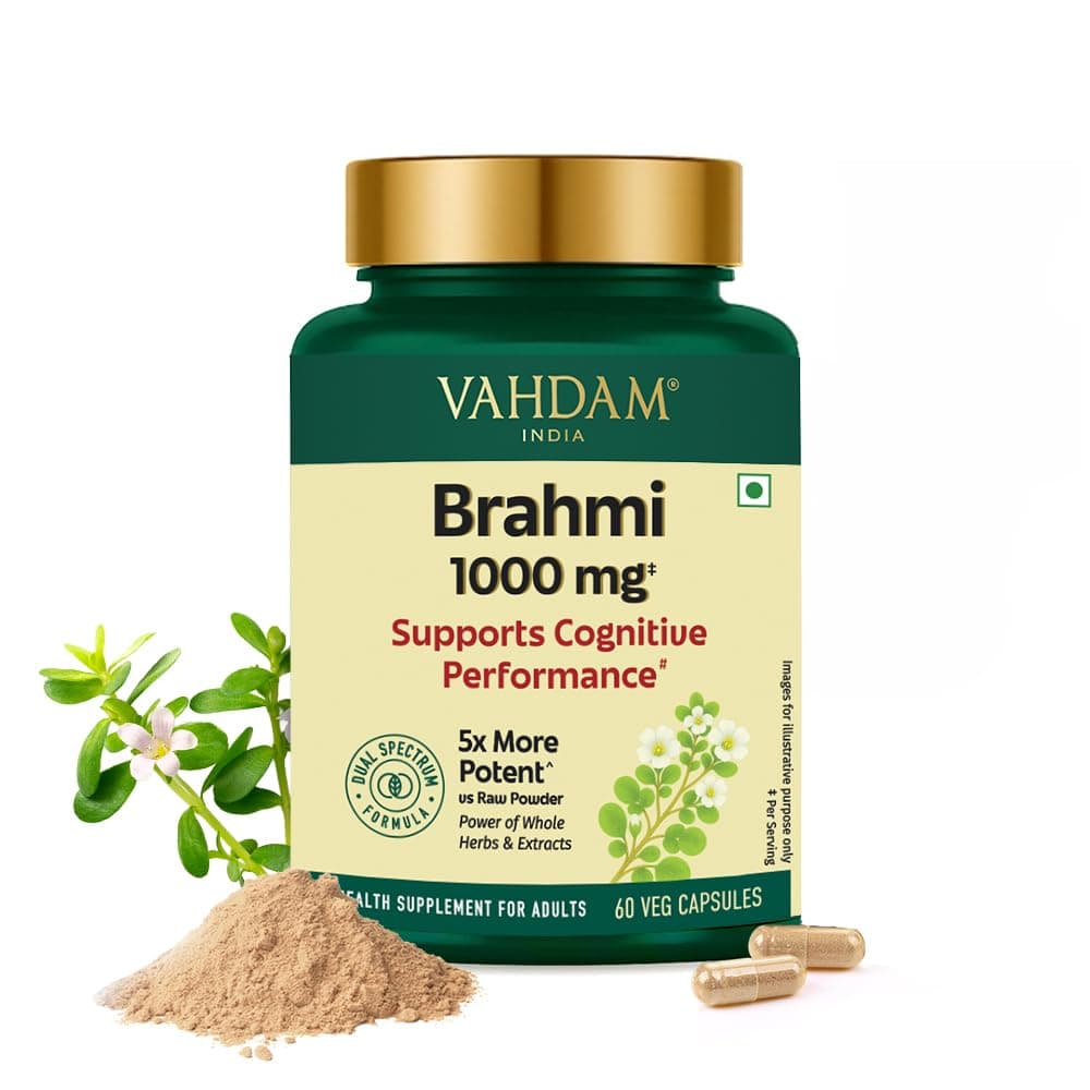VAHDAM Brahmi Capsules 1000mg | Bacopa Monnieri for Memory, Focus & Cognitive Performance | Dual Extract: Whole Herb + 20% Saponins Standardised Extract | 60 Veg Capsules | Brain Supplement
