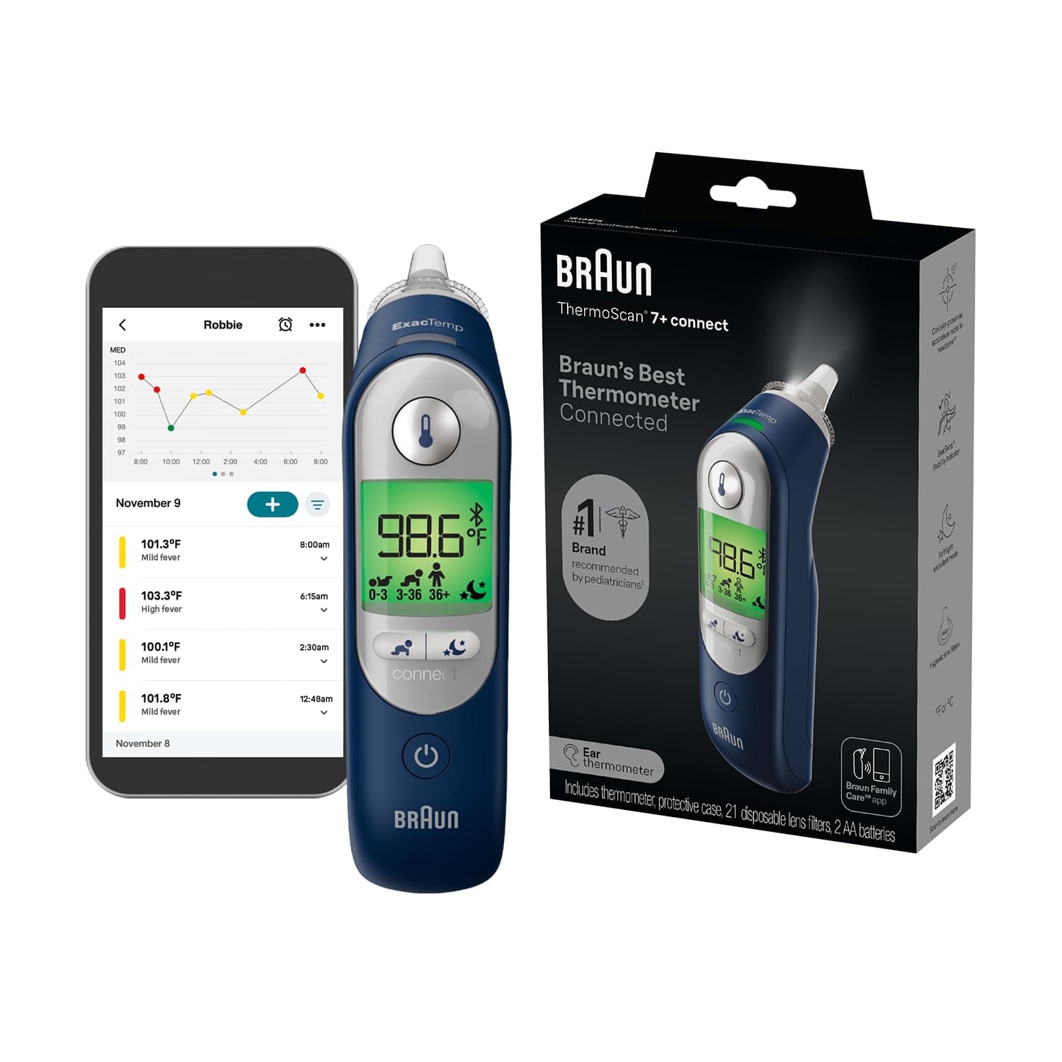 Braun ThermoScan 7 Connect– Digital Ear Thermometer for Adults, Babies, Toddlers and Kids – Fast, Gentle, and Accurate Results, Bluetooth