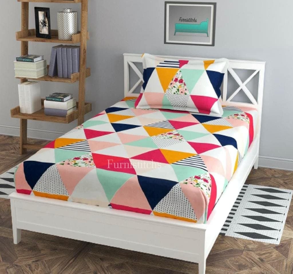 Furnistitchs Glace Cotton Elastic Bedsheet Single Bed with 1 Pillow Cover, Single Fitted Bedsheet 36"x72", (Pink White Triangles)