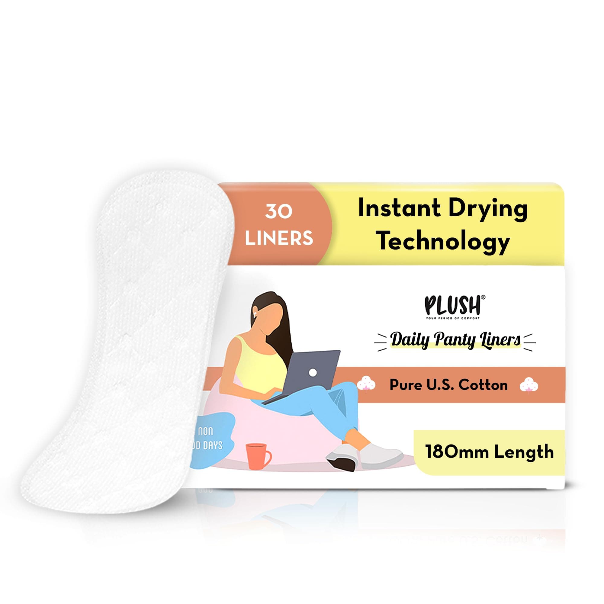 Plush Ultra Thin Large Panty Liners for Women Daily Use, 30 Liners | 2mm Thin, 180mm Long | Extra Coverage | Pure U.S. Cotton Liners for Sensitive Skin | Quad-Lock Design | No Toxins, No Parabens