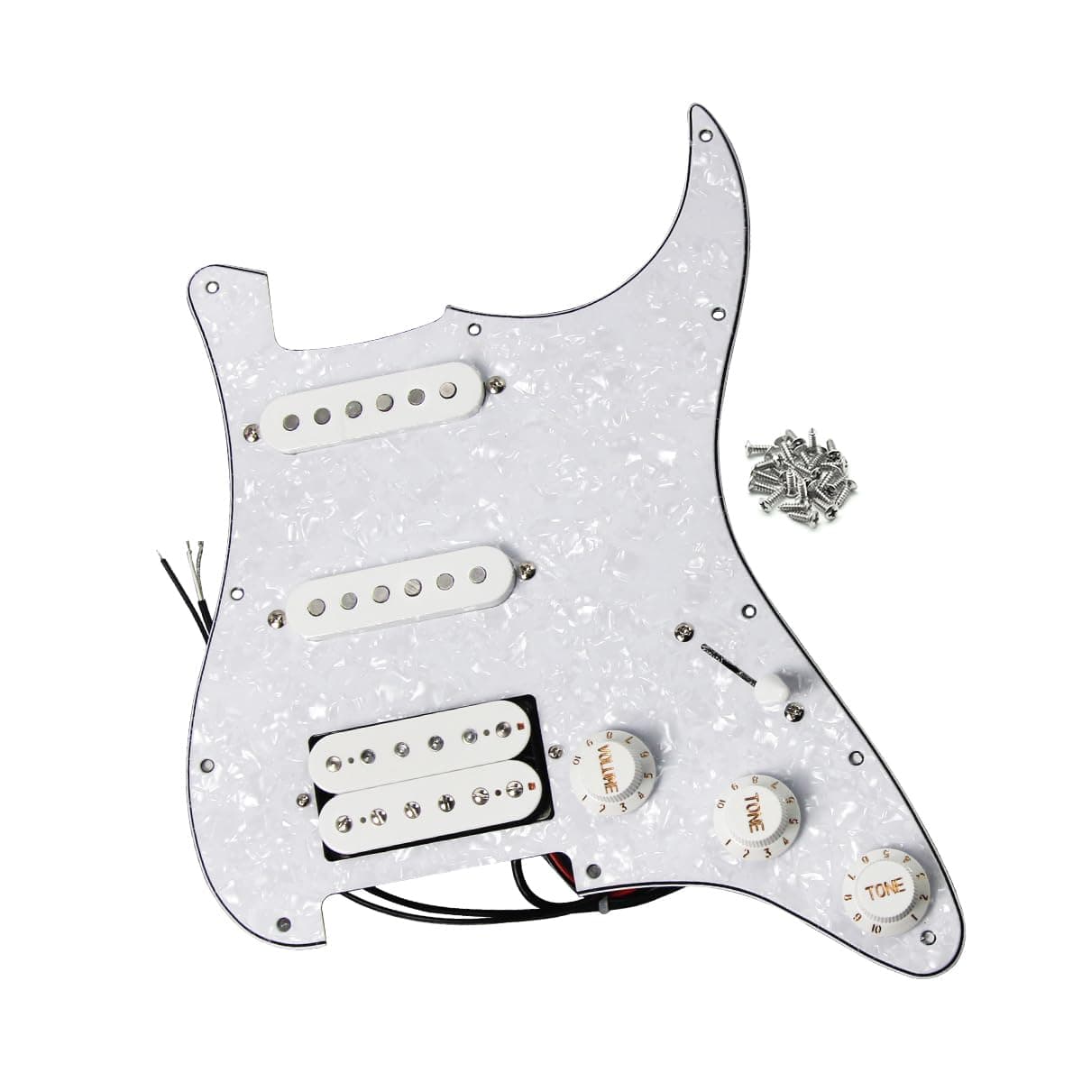 FLEOR Alnico 5 SSH Prewired Strat Pickguard Loaded Pickguard Humbucker Pickup Set, White Pearl