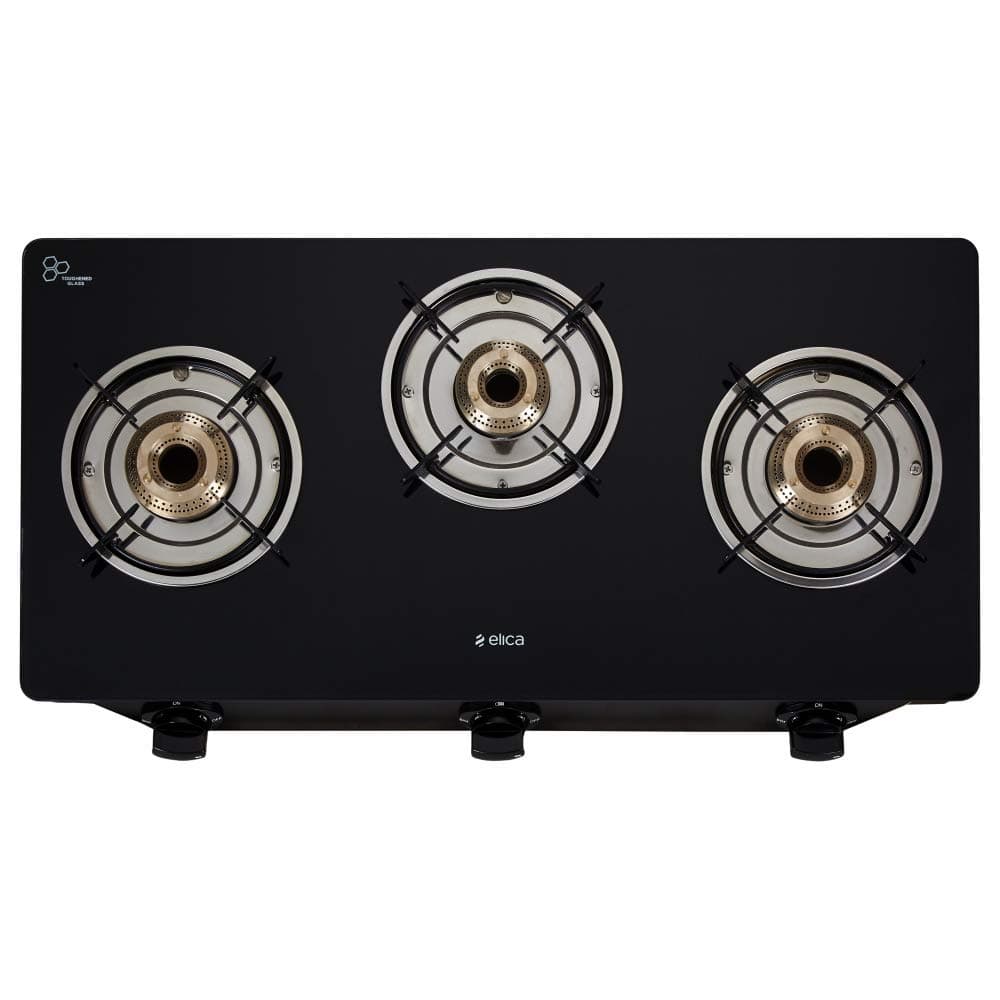 Elica Vetro 3 Burner Gas Stove with Toughened Glass Top | High-Efficiency Brass Burners | Elegant Design | 2-Year Warranty | 7031 CT VETRO | Black